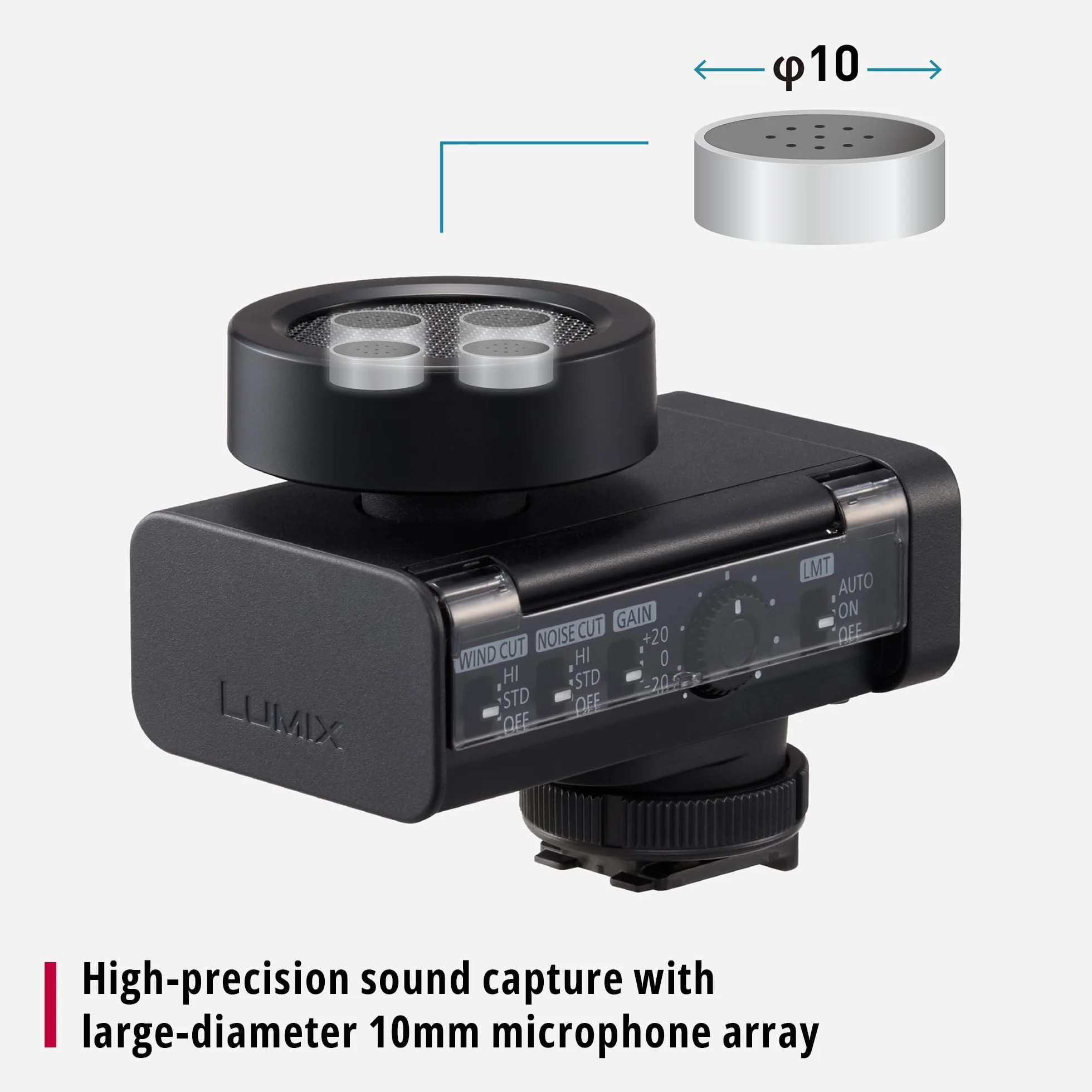 Panasonic Lumix DMS1 microfono digitale shotgun, 32 bit float, audio a 4 canali, 6 modalità direzionali, wireless, riduzione di vento e distorsioni, con custodia smart