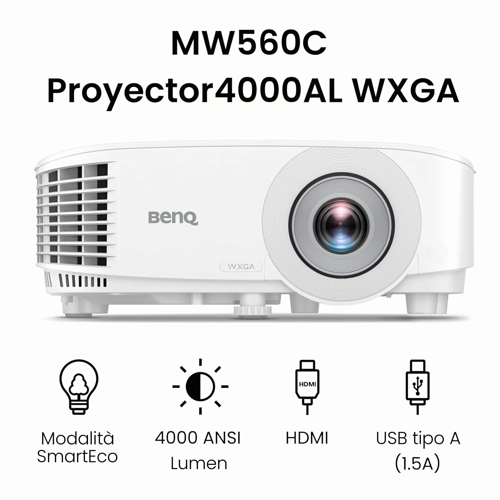 Proiettore BenQ MW560C WXGA Business, DLP, 4.000 lumen, contrasto 20.000:1, HDMI/VGA, correzione trapezoidale automatica, configurazione semplice, tecnologia SmartEco