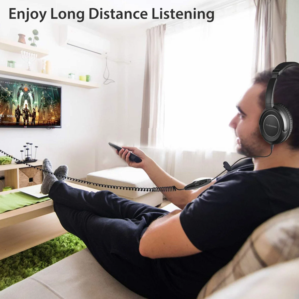Avantree HF039 Cuffie Con cavo a spirale extra lungo per TV, 5 Metri, Cuffie Over-ear, uscita audio 3.5mm, cuffie audio stereo con controllo del volume sul filo