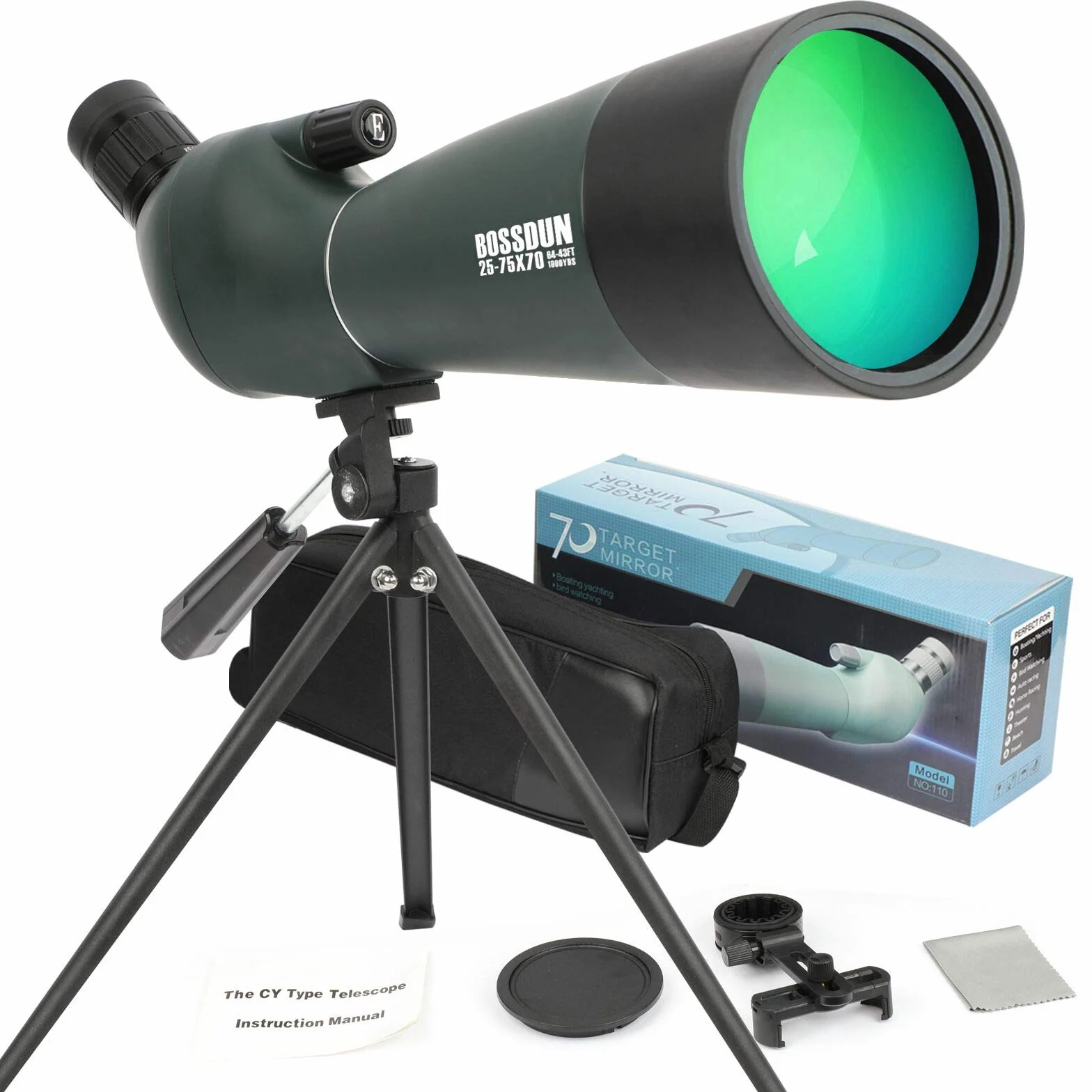 Cannocchiale, zoom 20-75x70mm Lente ottica completamente multistrato antiappannamento e mobile Telescopio con design in gomma per oculare con kit di montaggio rapido per smartphone e treppiede