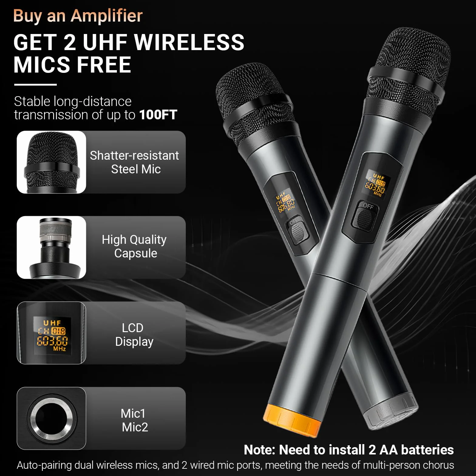 Ricevitori e amplificatore audio domestico all-in-one con altoparlante HiFi professionale e doppi microfoni wireless UHF, set di amplificatori stereo Bluetooth 5.0 per casa/festa/musica, USB/TF/AUX