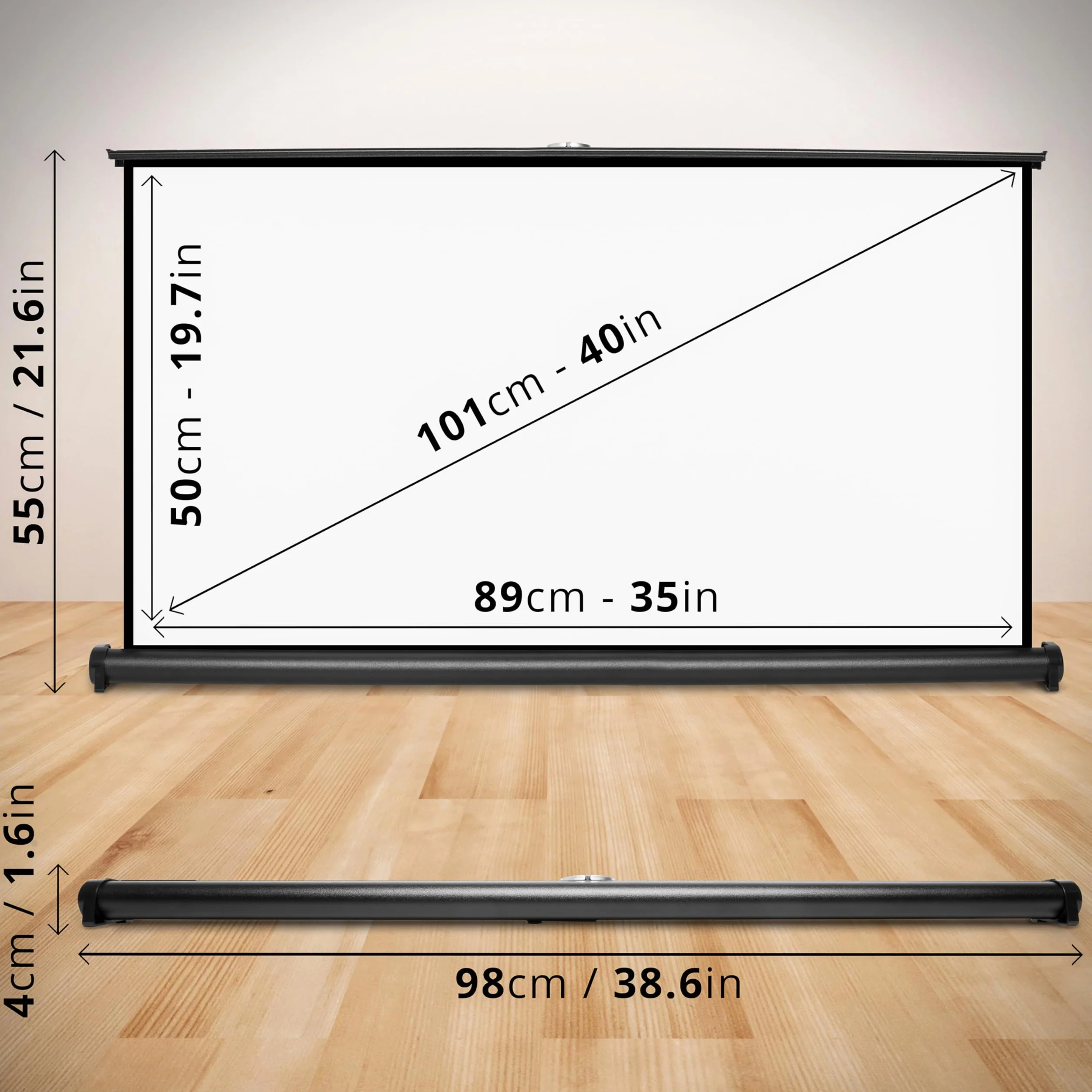 Duronic DPS40 /169 Schermo di proiezione 40” formato 16:9/89 x 50 cm Telo proiettore da tavolo per interni/esterni Full HD 3D 4K - Home cinema home theater ufficio| Montabile a parete o a soffitto