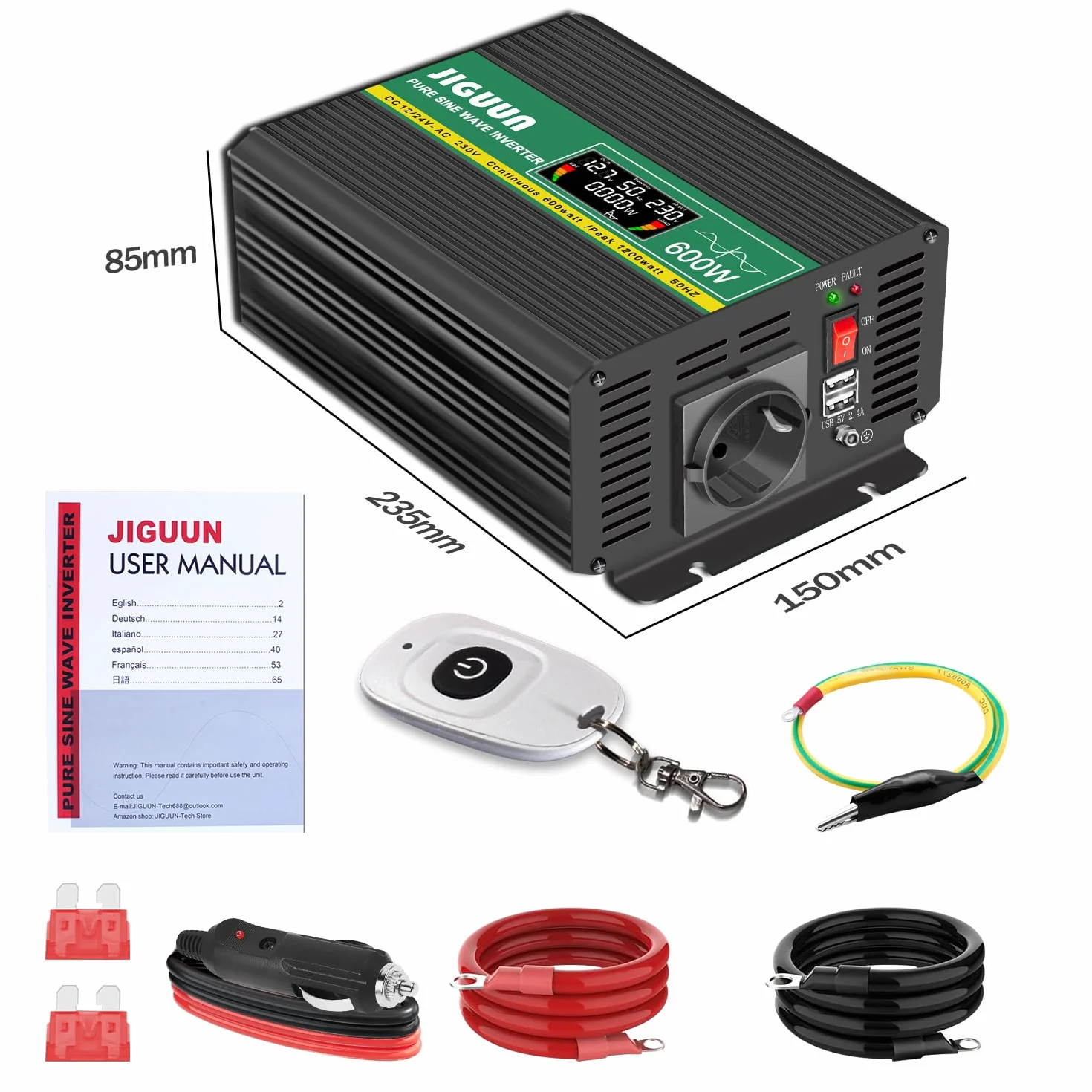 JIGUUN 600W inverter 12V/24V 220V onda pura Trasformatore con 1 prese EU e 2 porta USB 2.4A Telecomando senza fili e display LCD Potenza di picco 1200W per camion camper emergenza
