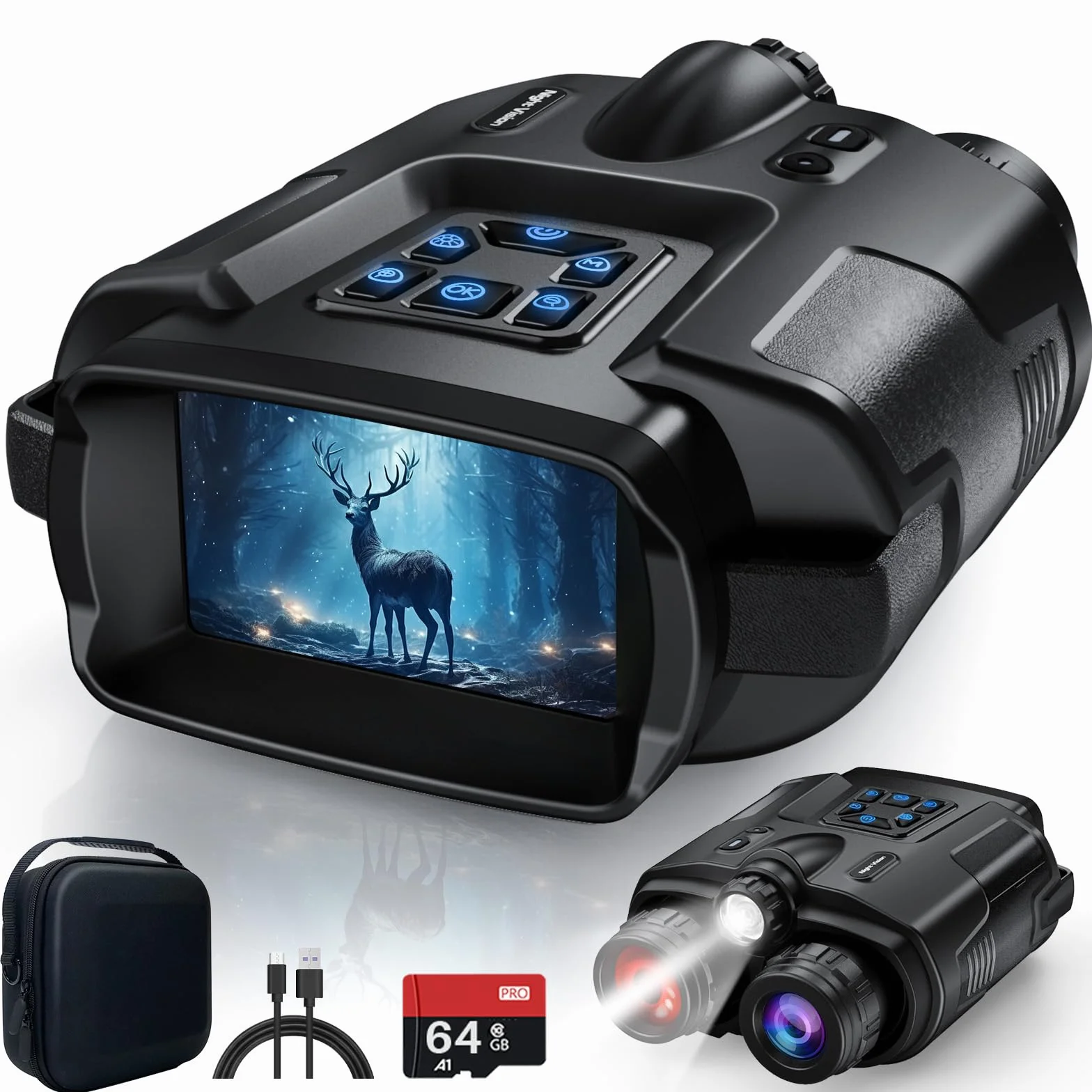 Visore Notturno Digitale 4K Professionale, Zoom Ottico 8X, Binocolo Visione Notturna Portata 600m, Schermo 3.3" TFT, Batteria 5000mAh Ricaricabile, 64GB SD Inclusa, Ideale per Campeggio e Sicurezza