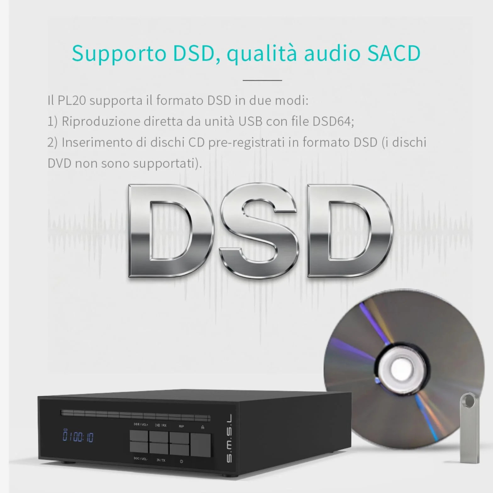 SMSL PL20 Lettore CD HiFi per Casa, con Funzione di Ripping CD, Bluetooth per Auto, 2 chip CS43131, Ingresso USB/Bluetooth, Uscite RCA/BT/3,5 mm/4,4 mm Bilanciata/Digitale Ottica/Coassiale (Nero)