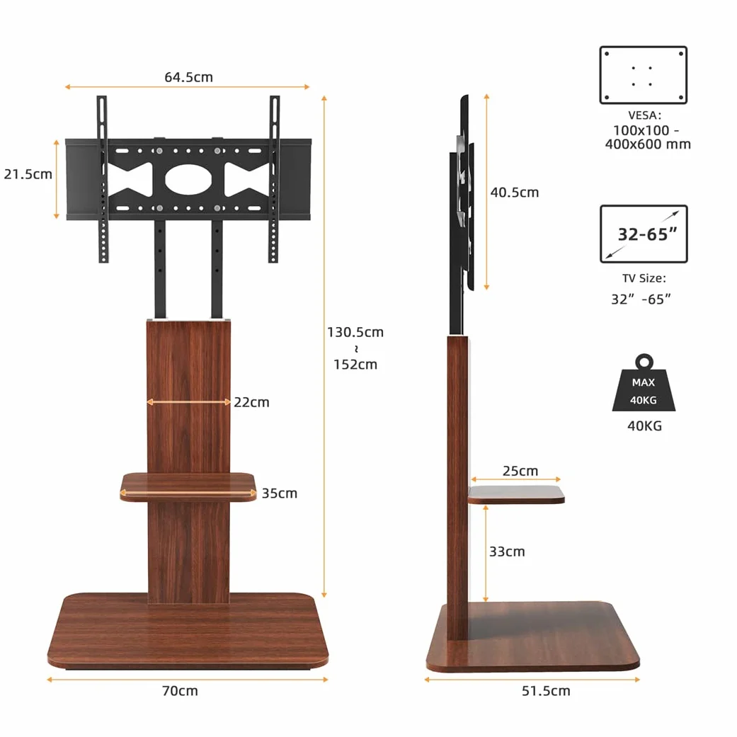 UNHO Supporto TV da Pavimento: Porta TV da Terra per Schermo 32-65 Pollici LED LCD Piedistallo TV con Staffa, 2 Ripiani in legno, Max VESA 600x400 mm, Fino a 40 kg