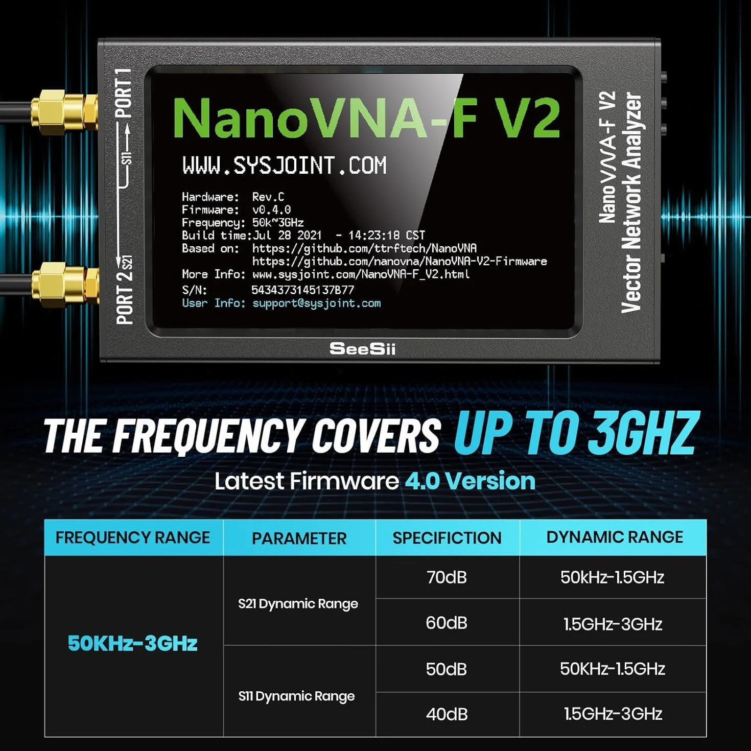 Seesii Analizzatore di Rete Vettoriale NanoVNA-F V2, Analizzatore Antenna Aggiornato 50kHz-3000MHz HF/VHF/UHF/VNA con Schermo da 4,3'' per, Misura S-Parameter Tensione SWR Fase Ritardo Smith Chart