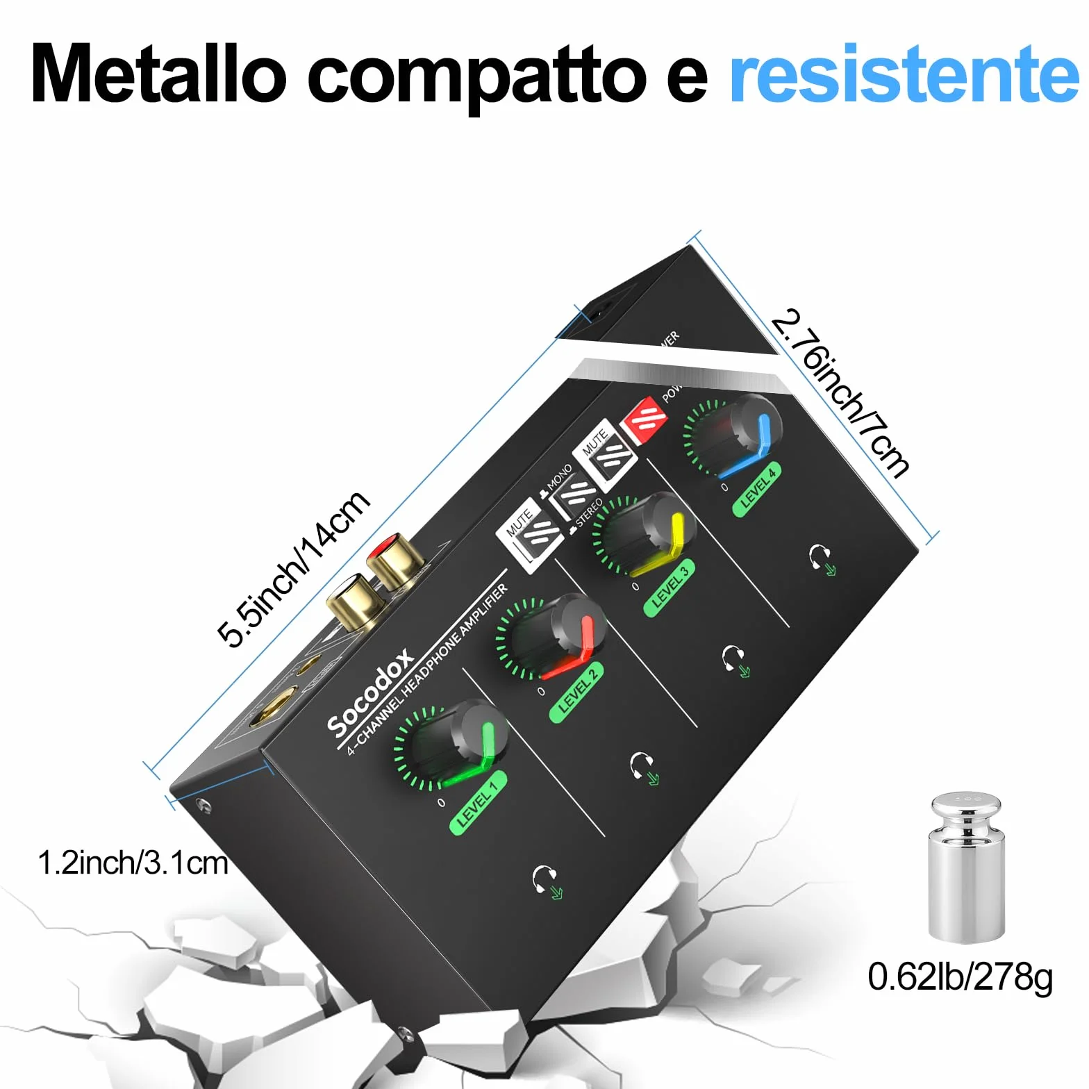 Amplificatore per Cuffie 4 Canali, Mixer Compatto in Metallo con 8 Uscite, Jack 3,5 mm/6,35 mm/RCA, Interruttore Stereo, Mute, Luce RGB