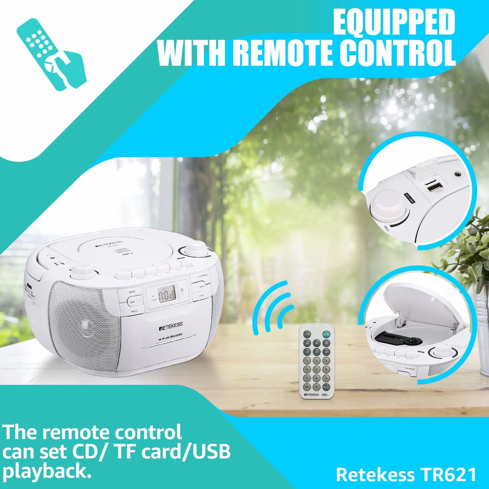 Retekess TR621 Lettore CD Boombox Portatile, Radio con Lettore CD, AM FM Radio, Supporto USB TF, con Telecomando, AC o Alimentato a Batteria, Accompagna la Famiglia e Gli Amici, Regalo(Bianco)