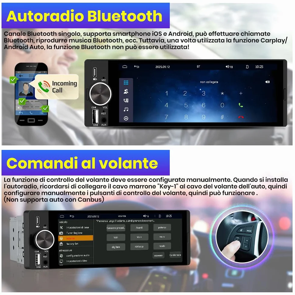 Autoradio 1 DIN con Schermo 6,28 pollici Car Radio Wireless CarPlay Android Auto Bluetooth FM AM RDS GPS AUX Tipo-C