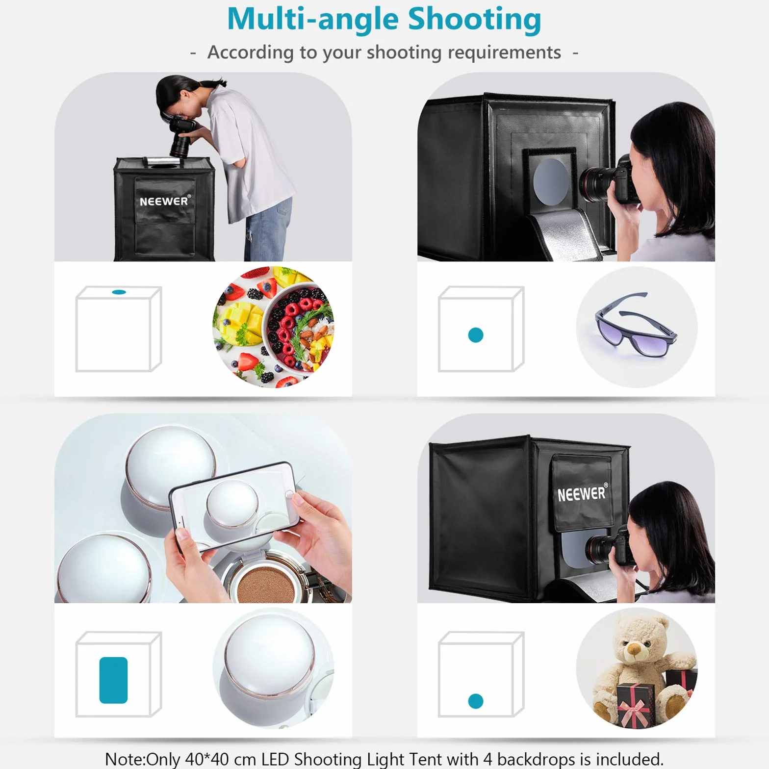 NEEWER Photo Studio Luce Scatola 40X40cm Tenda Luce di Ripresa Luminosità Regolabile Pieghevole Portatile Professionale da Tavolo Kit di Illuminazione per Fotografia 120 Luci LED 4 Colori Fondali