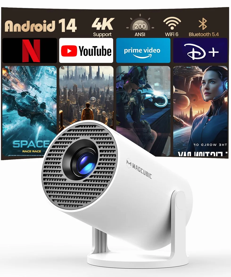 Mini Proiettore 4K Smart Projector 5G WiFi 6 BT 5.4 Full HD 1080P 200ANSI 8000L Auto Trapezoid Correction