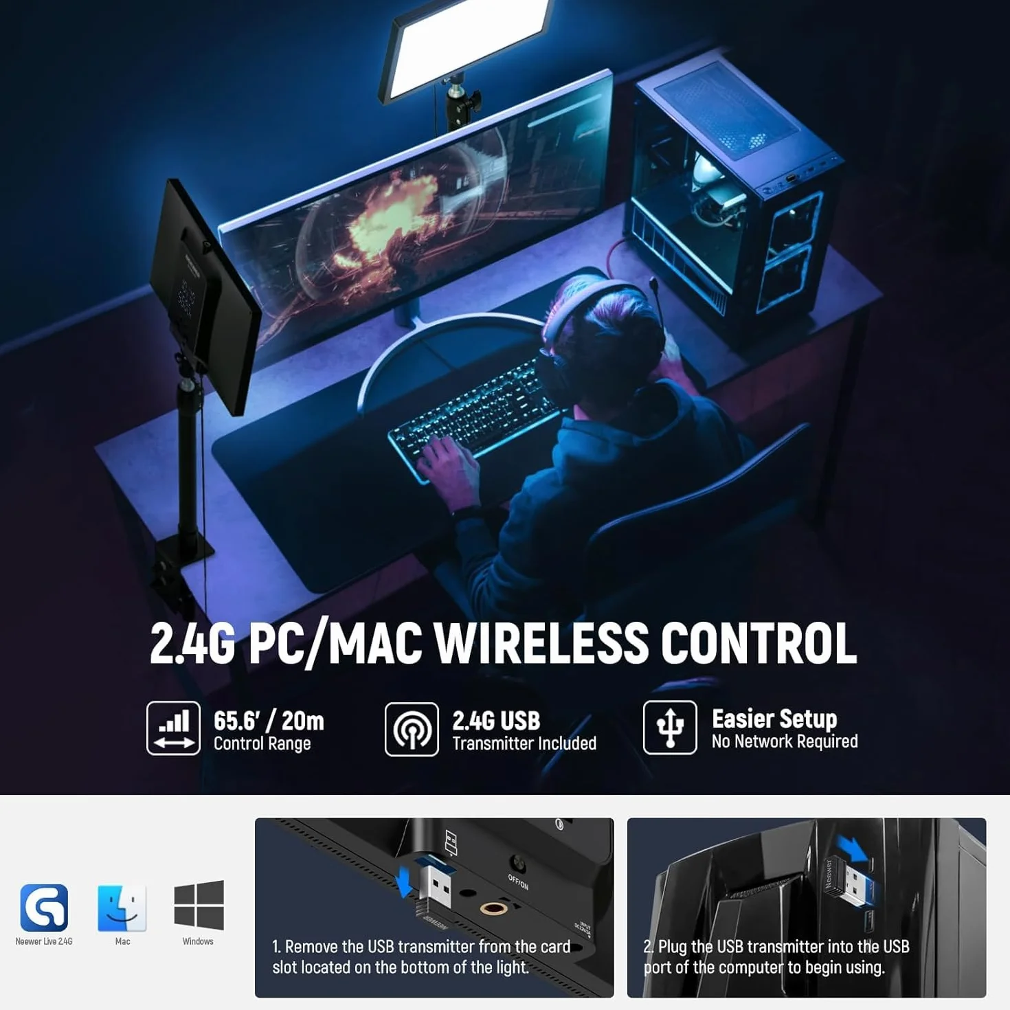 NEEWER 25W 12,9" Key Light Streaming con Supporto Tavolo/Remoto 2.4G/Trasmettitore USB Controllo APP PC/Mac 2300Lx/0,5m 2900-7000K CRI98+ Pannello Luce Video Dimmerabile per Webcam Laptop Zoom,GL25B