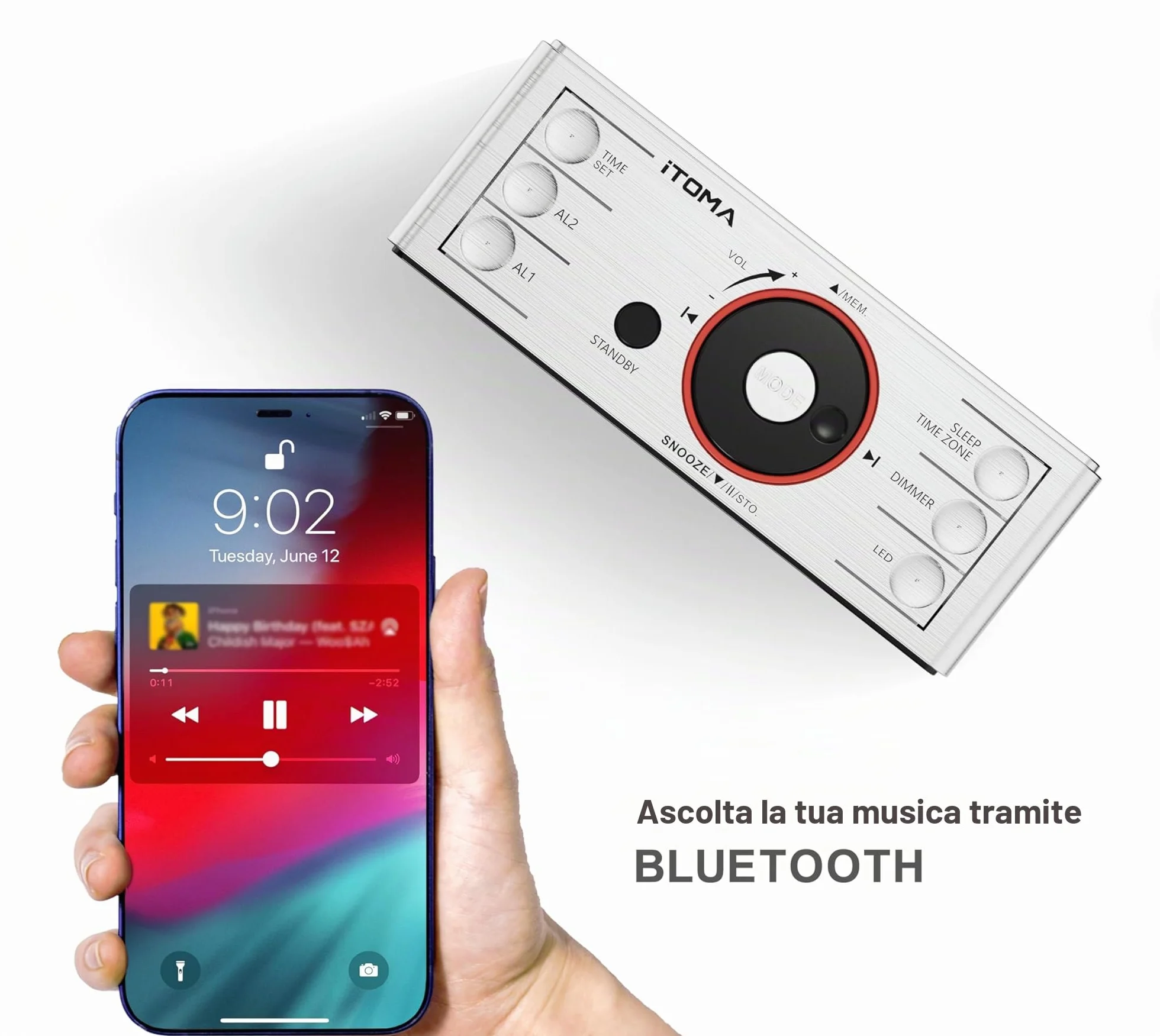 iTOMA Radiosveglia Bluetooth Digitale FM Doppia Sveglia Snooze Dimmer Ricarica USB Luce Notturna CKS708