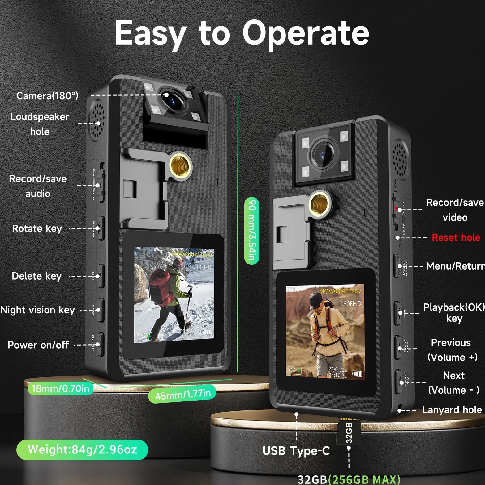 Body Cam 1296P 32G 20H Polizia Telecamera Videocamere Montate Sul Corpo Indossabile, Obiettivo Girevole a 180°, 2x2310mAh Batteria, Wevoor Bodycamera Portatile con Clip e Visione Notturna per Esterni