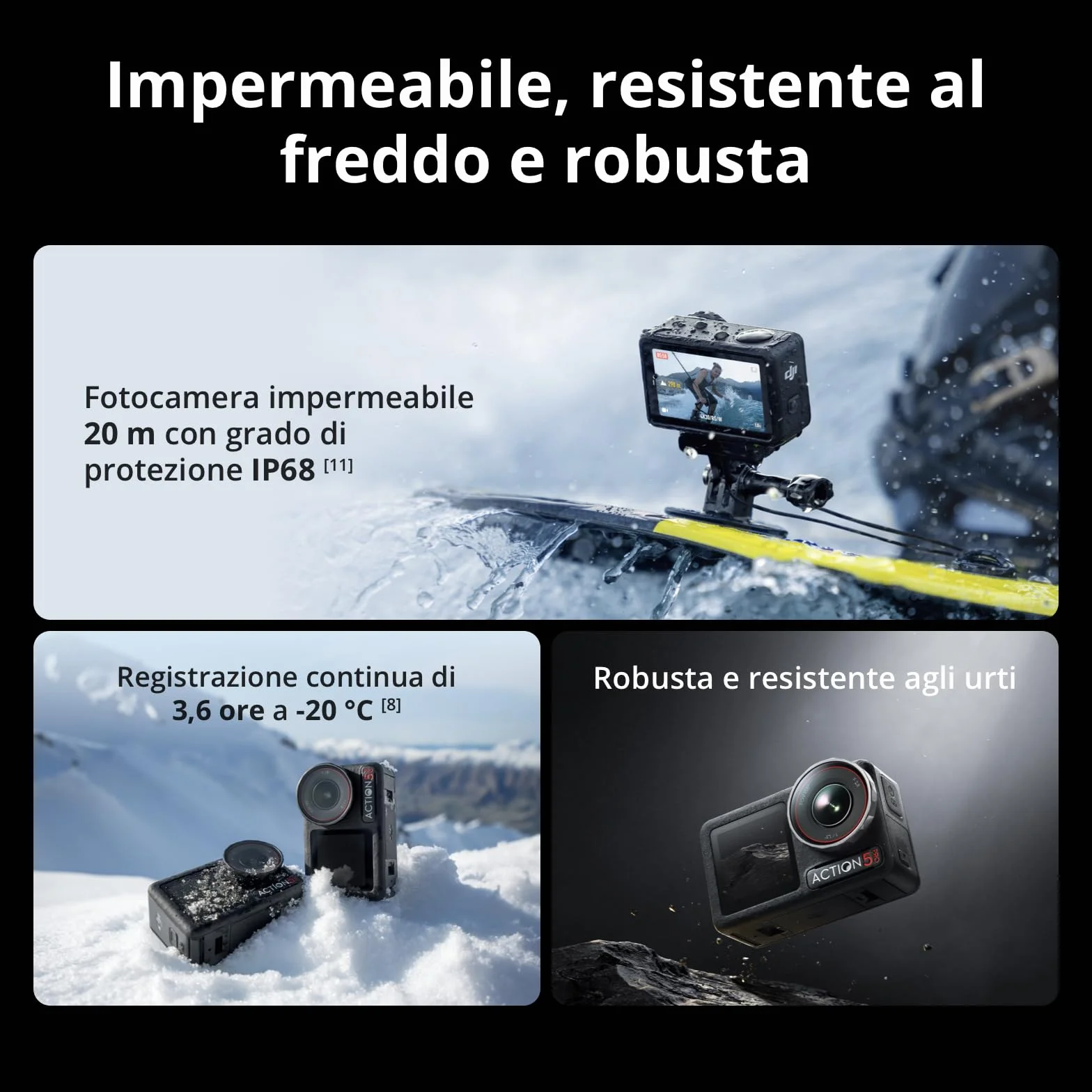 DJI Osmo Action 5 Pro Combo Standard, Fotocamera impermeabile con sensore 1/1.3", video 4K/120fps, vlog camera, Tracciamento del soggetto, stabilizzazione, 2 touchscreen OLED, action cam 4K