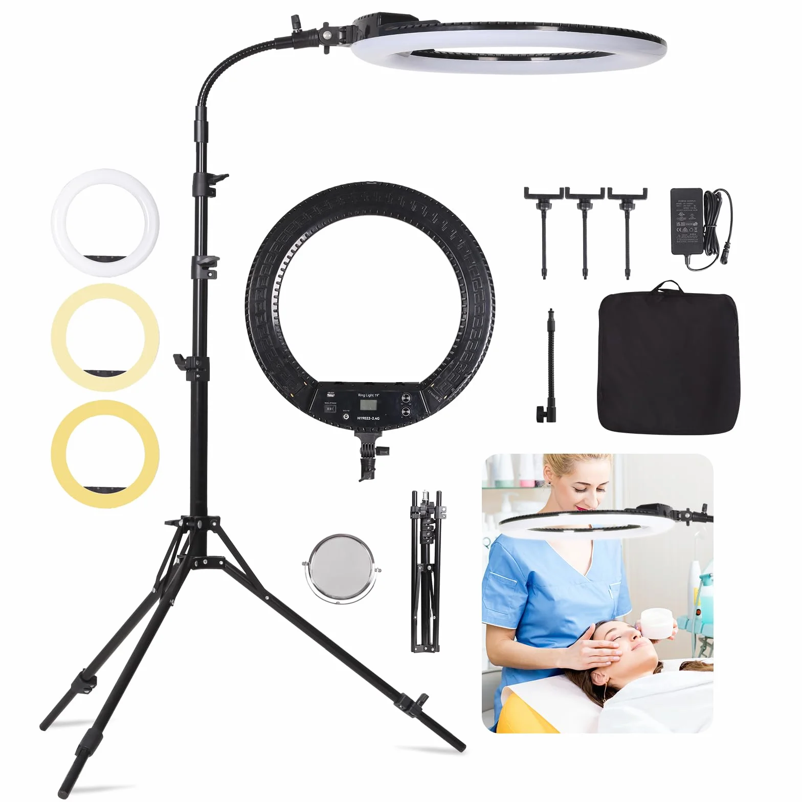 19" LED Luce Anulare Kit con Stativo, Specchio e Supporto per Telefono per La Fotografia in Studio, Ritratto, Selfies, Live Streaming, Registrazione Video, Riempimento Trucco di Bellezza