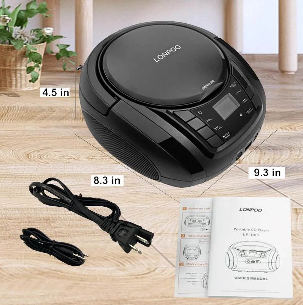 LONPOO Stereo Lettore CD portatile Bluetooth Boombox Connettività Radio FM, USB, AUX, Uscita cuffie, HiFi Altoparlanti (LP-D03BLACK)