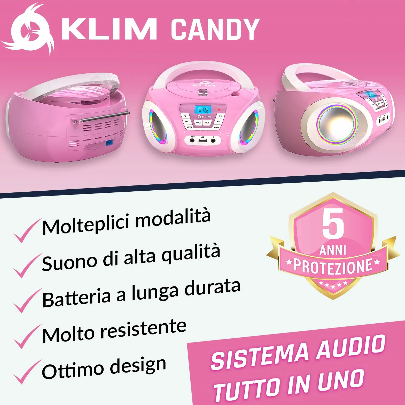 KLIM Candy BAMBINI Stereo per bambini NUOVO - Radio FM - Batterie incluse - Lettore CD Rosa con altoparlanti e Radio - Regalo Perfetto per Bambini e Bambine