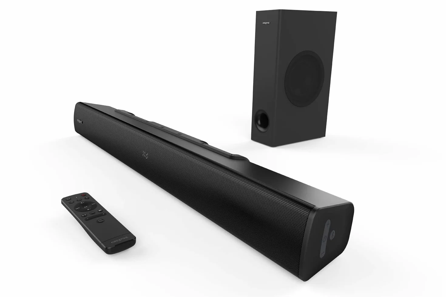 Soundbar Creative Stage V2 2.1 160W con subwoofer, Clear Dialog e Surround di Sound Blaster, Bluetooth 5.0, TV ARC, ingresso ottico e audio USB, con montaggio a parete, bassi e alti regolabili, per TV