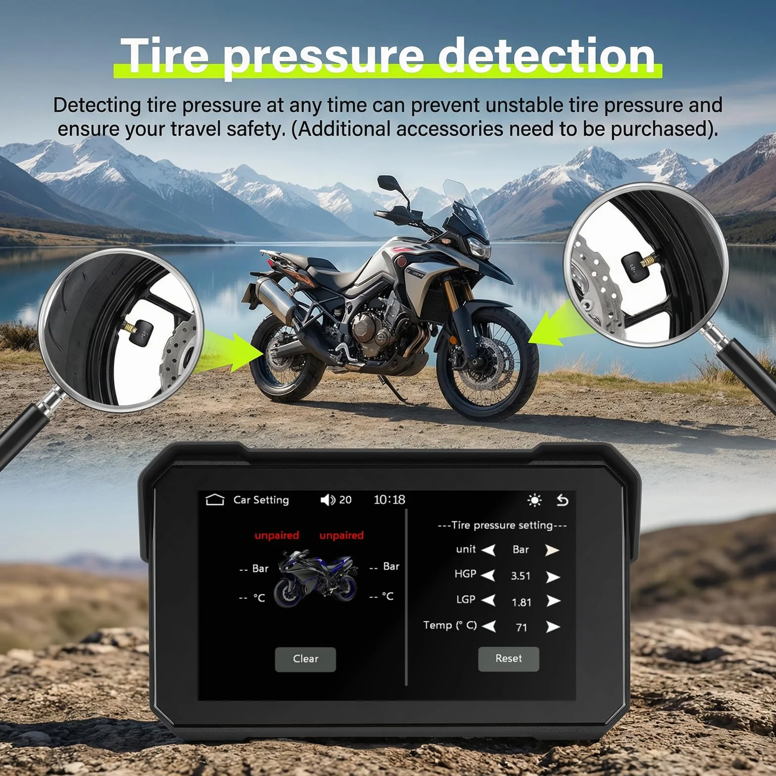 Rimoody Carplay Senza Fili Schermo per Moto 5 Pollici Touchscreen Autoradio Portatile IP68 Impermeabile Android Auto Bluetooth Rilevamento Pressione Pneumatici 12V