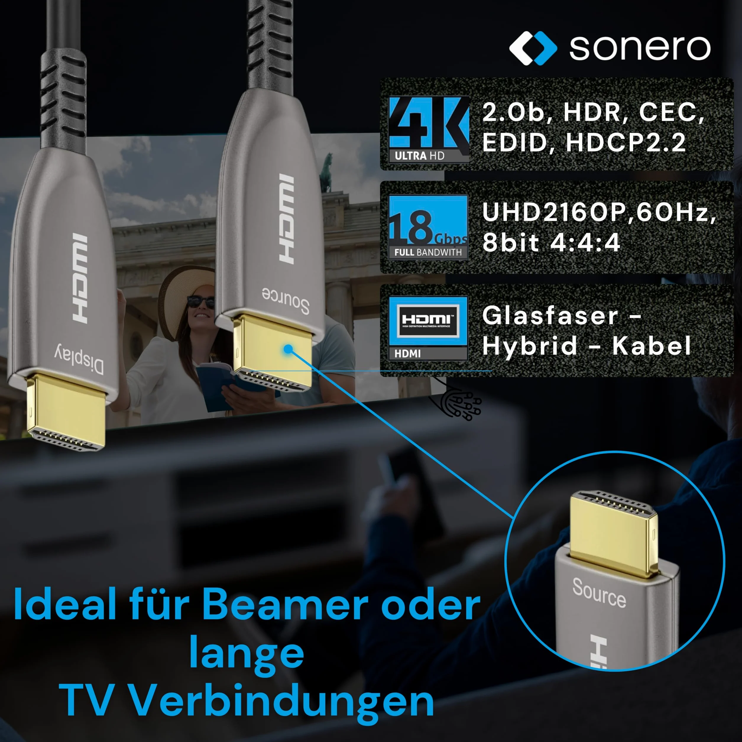 sonero® cavo HDMI 2.0b da 30 m, fibra ottica ibrida, UHD 2160P, 4K60Hz, 4:4:4, HDR, 18 Gbps