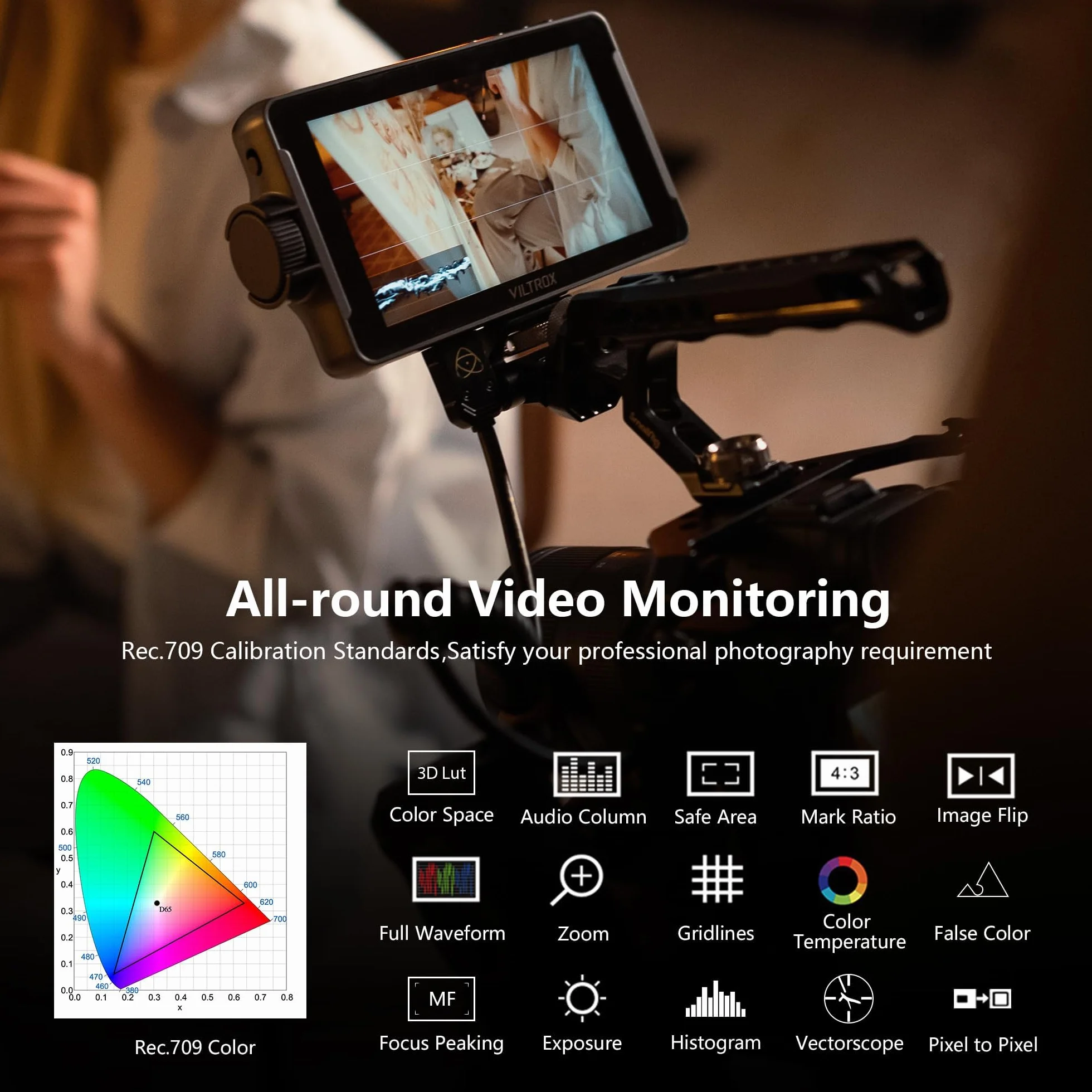 VILTROX DC-550 Touchscreen Monitor da Campo per Fotocamera 1200nit Alto luminoso 5,5" 3D LUT Camera Field Monitor DSLR con Cappuccio Solare/Batteria, 1920x1080 IPS con 4K HDMI Input Output