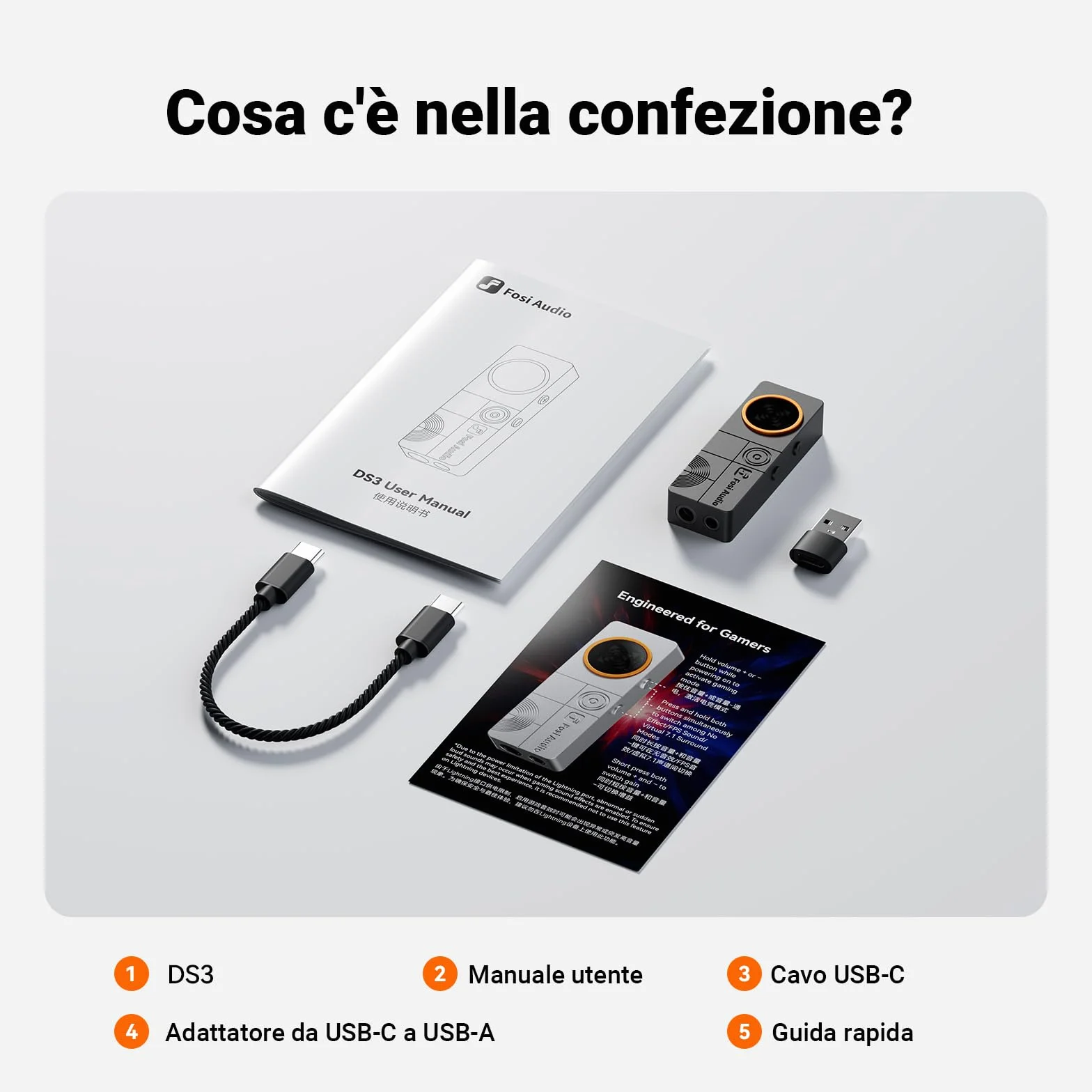 Fosi Audio DS3 USB-C DAC Amplificatore per Cuffie, con Audio Spaziale 7.1 per Gaming, ES9039Q2M XMOS POWERED, DSD512, 3,5 mm Singolo 4,4 mm Bilanciato, per PC/Telefono/PS5/Switch, Nero