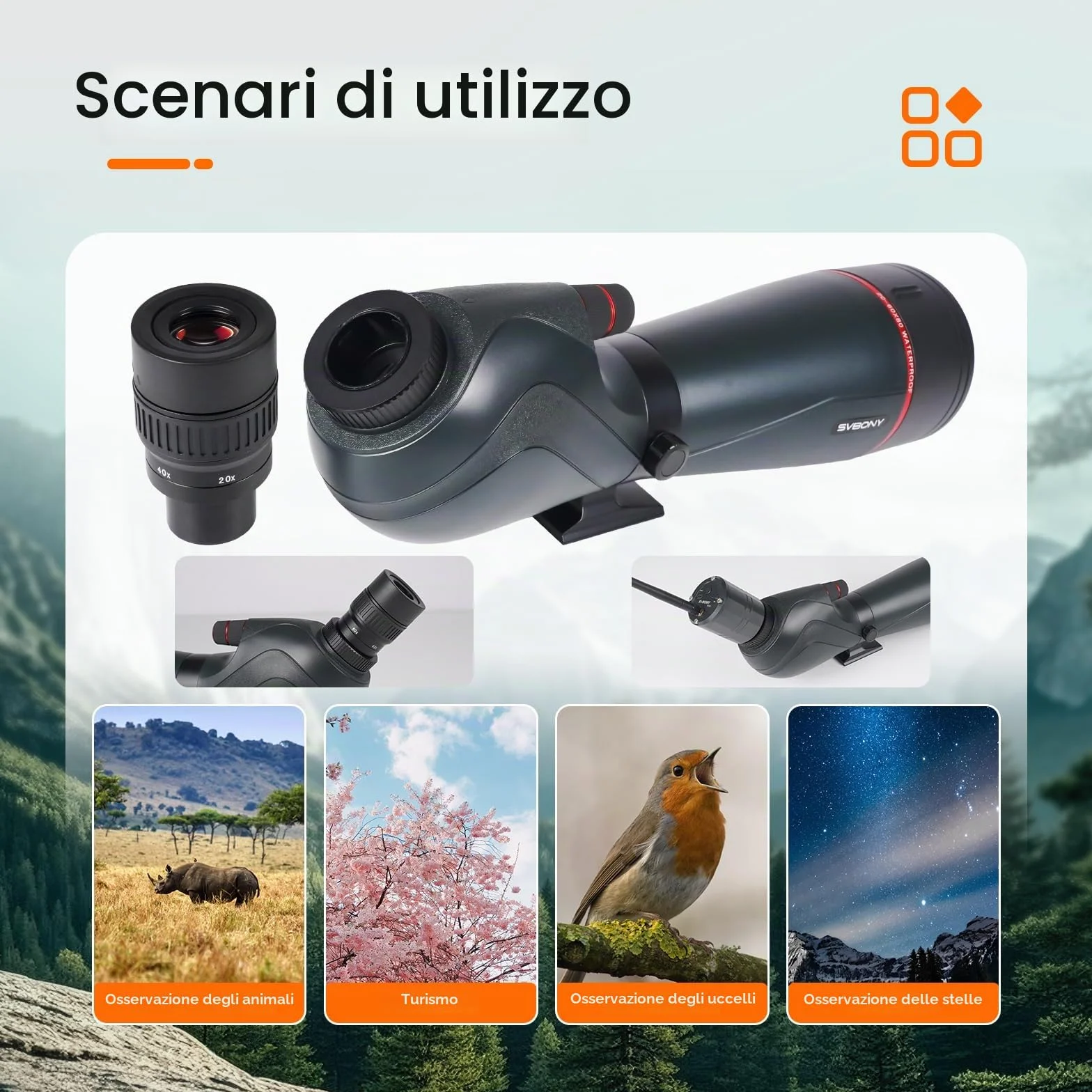 Svbony SV406 20-60x80mm Cannocchiale, HD FMC BAK4, Doppia Messa a Fuoco, 1,25'' Oculare Rimovibile, IPX7 Impermeabile, con Treppiede, Borsa, per Birdwatching, Animali Selvatici, Paesaggi, Tiro a Segno