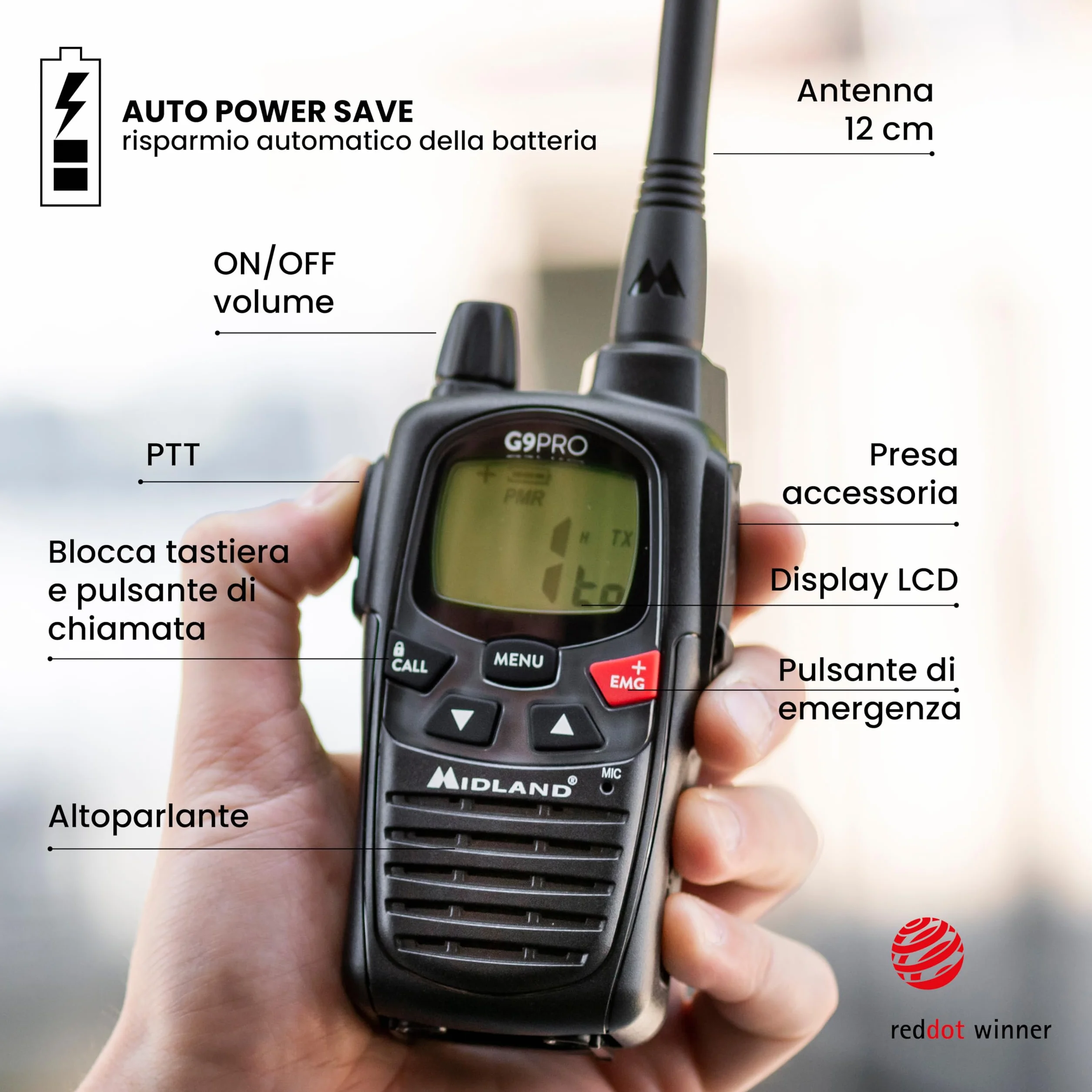 Midland - Walkie Talkie G9 PRO, Ricetrasmittenti Professionali IPX4 Waterproof per Softair e Outdoor, 101 Canali - 32 PMR446/69 LPD, Copertura 12Km, Autonomia 23H, 4 Batterie Ricaricabili e Accessori
