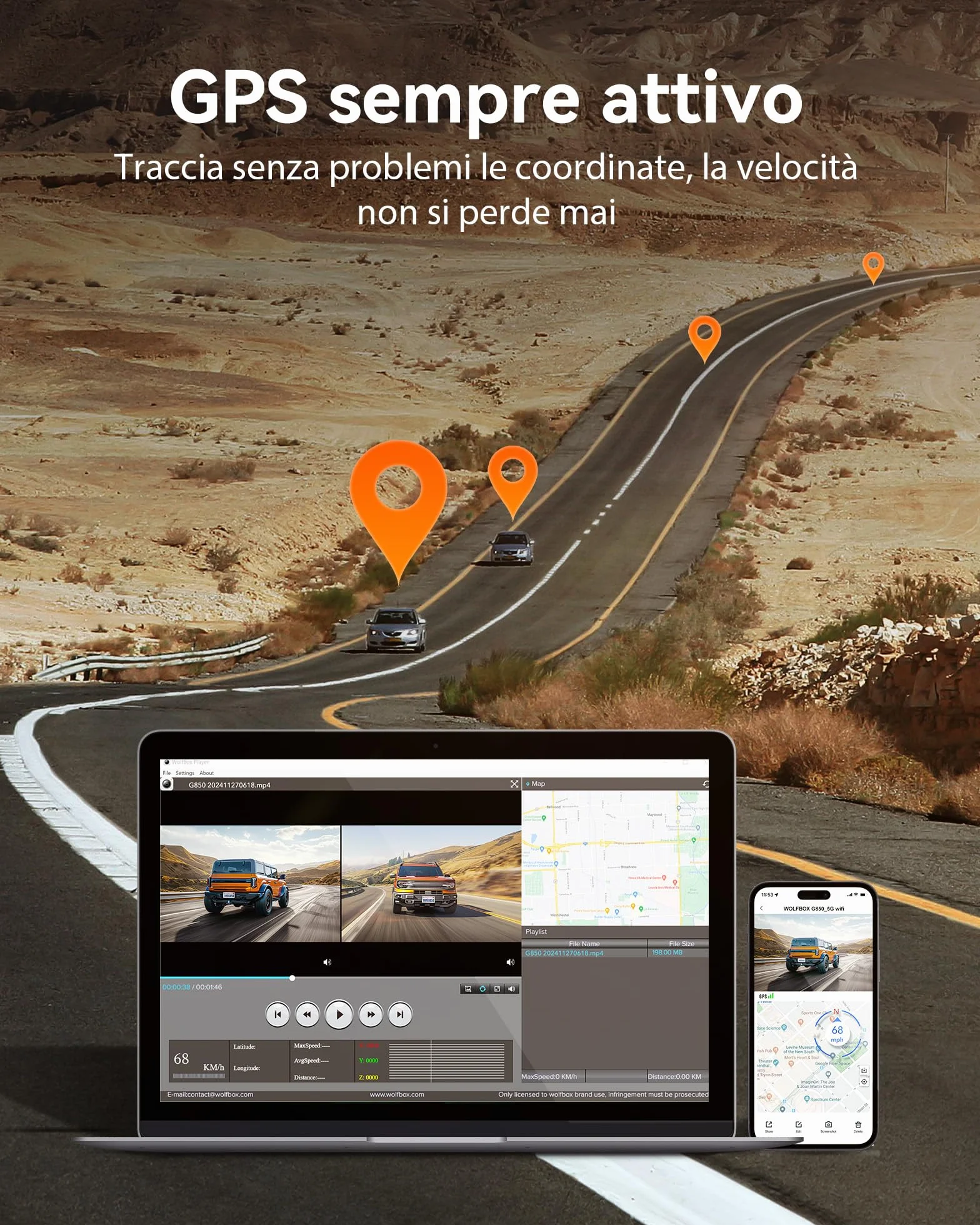WOLFBOX 12" 4K Telecamera per Specchietto Retrovisore Auto con 5.8GHz WiFi e Controllo Vocale, Doppia Specchio Dash Cam con 1080P WDR Backup Camera, Monitor di Parcheggio, Scheda 64GB & GPS (G850)