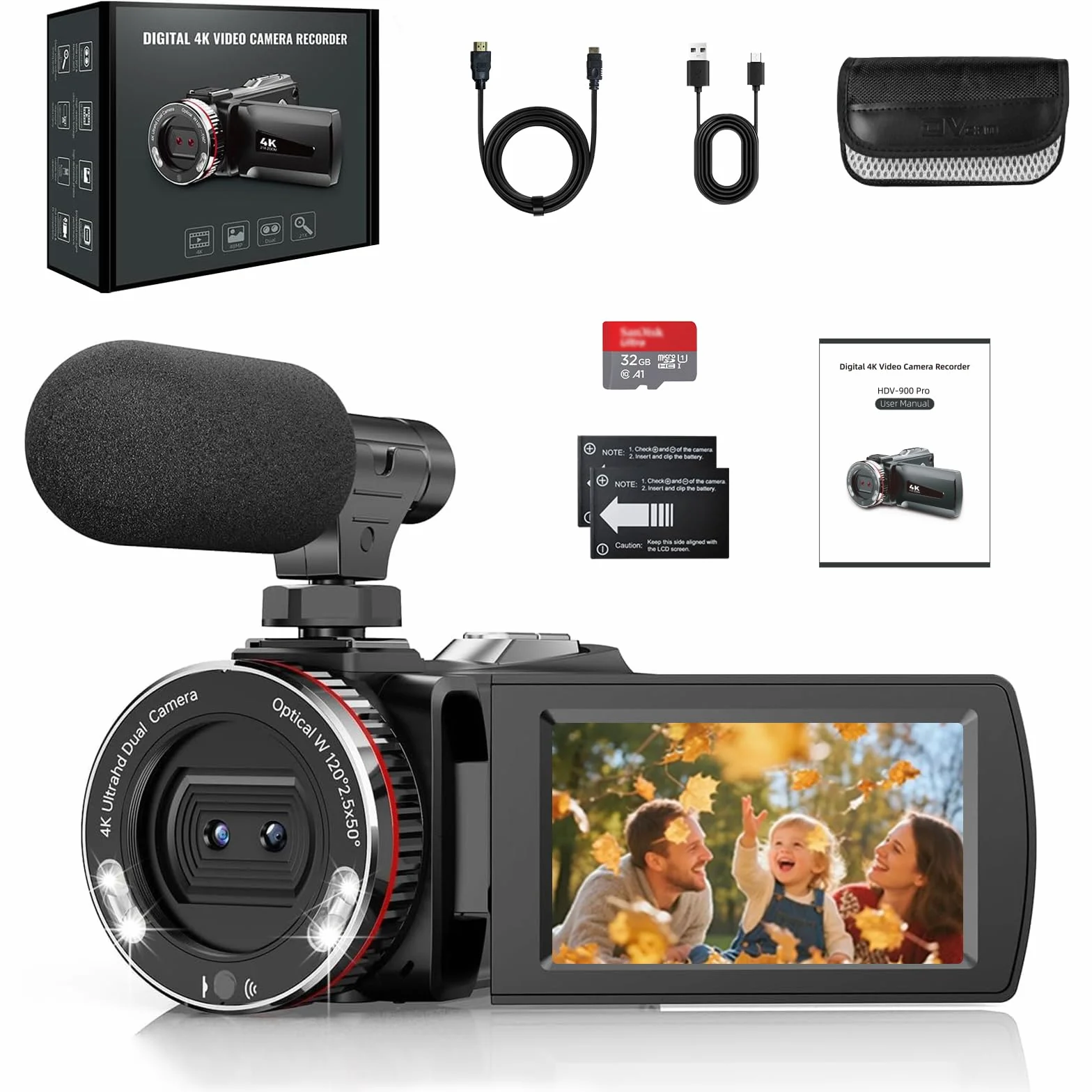 Videocamera 4K 48MP Camcorder con Zoom Digitale 21X, Video Camera con Microfono Esterno, Cavo HDMI, Telecomando, 2 Batterie, Scheda TF da 32 GB, Schermo da 3,0" 270° per Vlogging Camera per YouTube