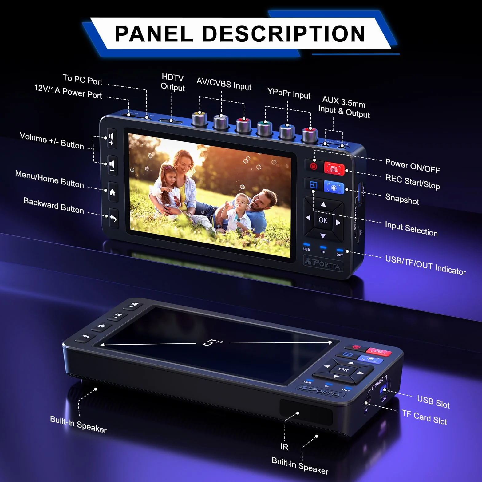 Convertitore da VHS a digitale Portta VD22P con schermo HD da 5", registratore video, conversione in MP4, compatibile con VHS, Hi8, Mini DV, console di gioco (richiede lettore VHS/DVD/videocamera)
