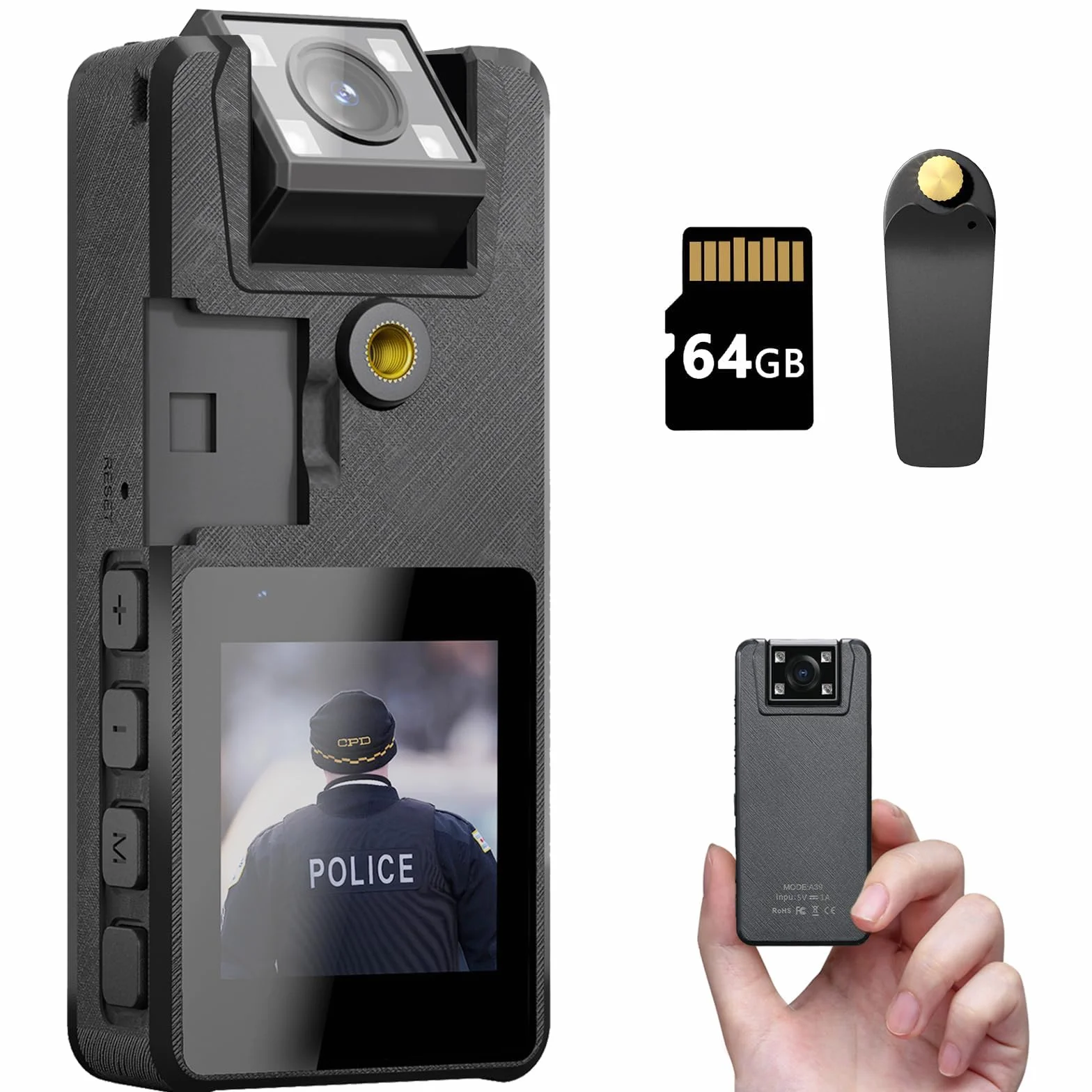 64GB Body Camera, 1296P HD Body Cam (3000 mAh) con Visione Notturna IR e Obiettivo Girevole a 180°, Ideale per uso Privato, Polizia e Forze Dell'ordine (64GB)