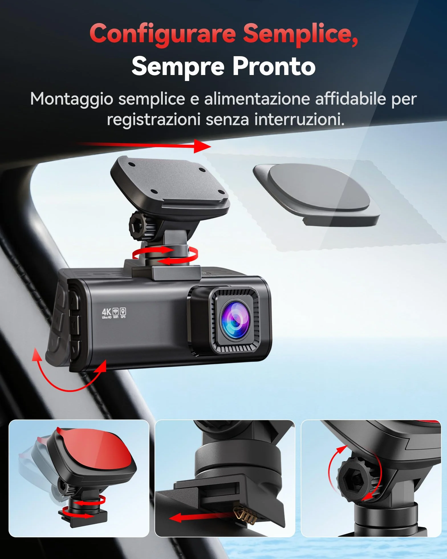 REDTIGER F7N-N Dash Cam Auto 4K Fronte e Retro, WiFi 5.8GHz 20MB/s con APP, Dashcam 2160P/FHD GPS Preciso, WDR, Schermo 3.18", Visione Notturna, Monitor Parcheggio 24H (Senza Scheda)
