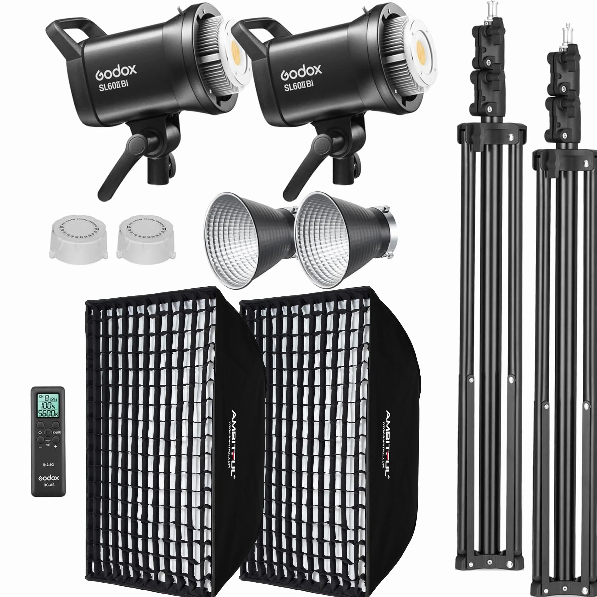 Godox SL60II-Bi Kit 2 Pack LED Video Bi-Color 2800K-6500K, Softbox Quadrato, Stativo, Telecomando e Griglia a Nido d'Ape per Studio, Registrazione, Riprese, Podcast (2PCS)