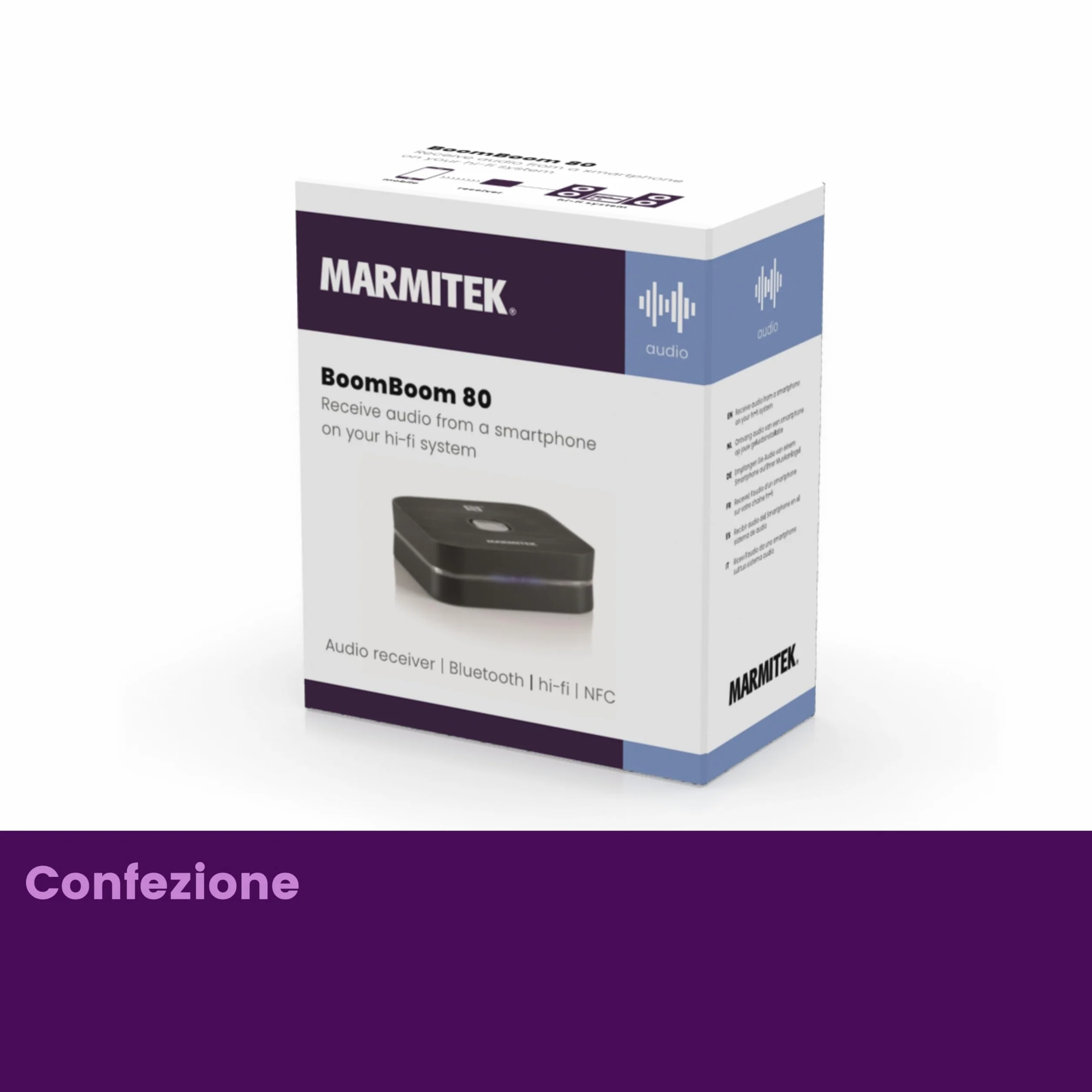 Ricevitore Bluetooth Marmitek BoomBoom 80 – Streaming audio wireless – NFC, cambio facile tra smartphone – Trasforma impianto Hi‑Fi – Adattatore Bluetooth