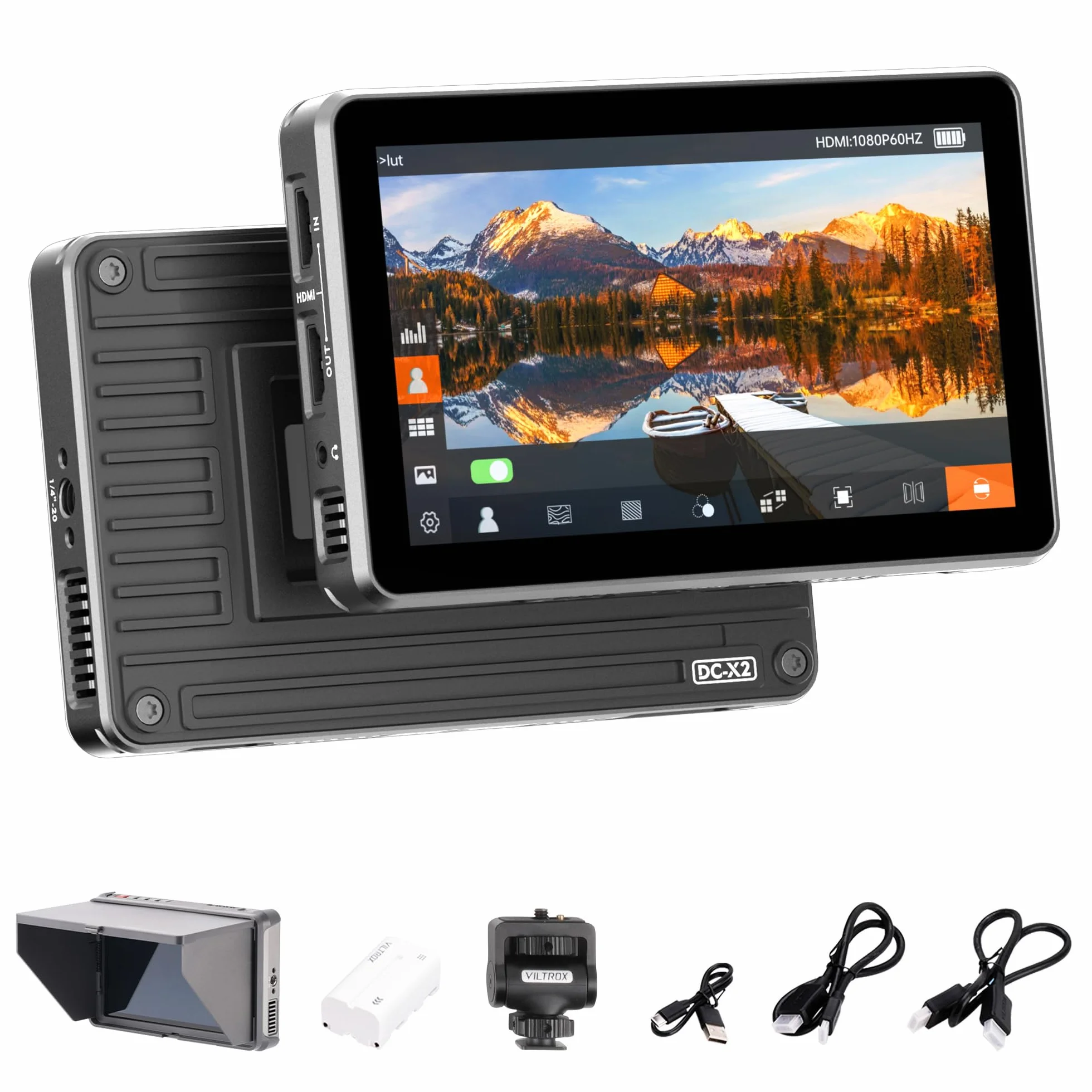 VILTROX DC-X2 Monitor da Campo per Fotocamera 2000 Nits 6" HDR Touchscreen DSLR Camera Monitor con1920x1080 IPS 4K HDMI Loop in/Out Forma d'onda LUT 3D Video Peaking Focus Assist Batteria Paraluce