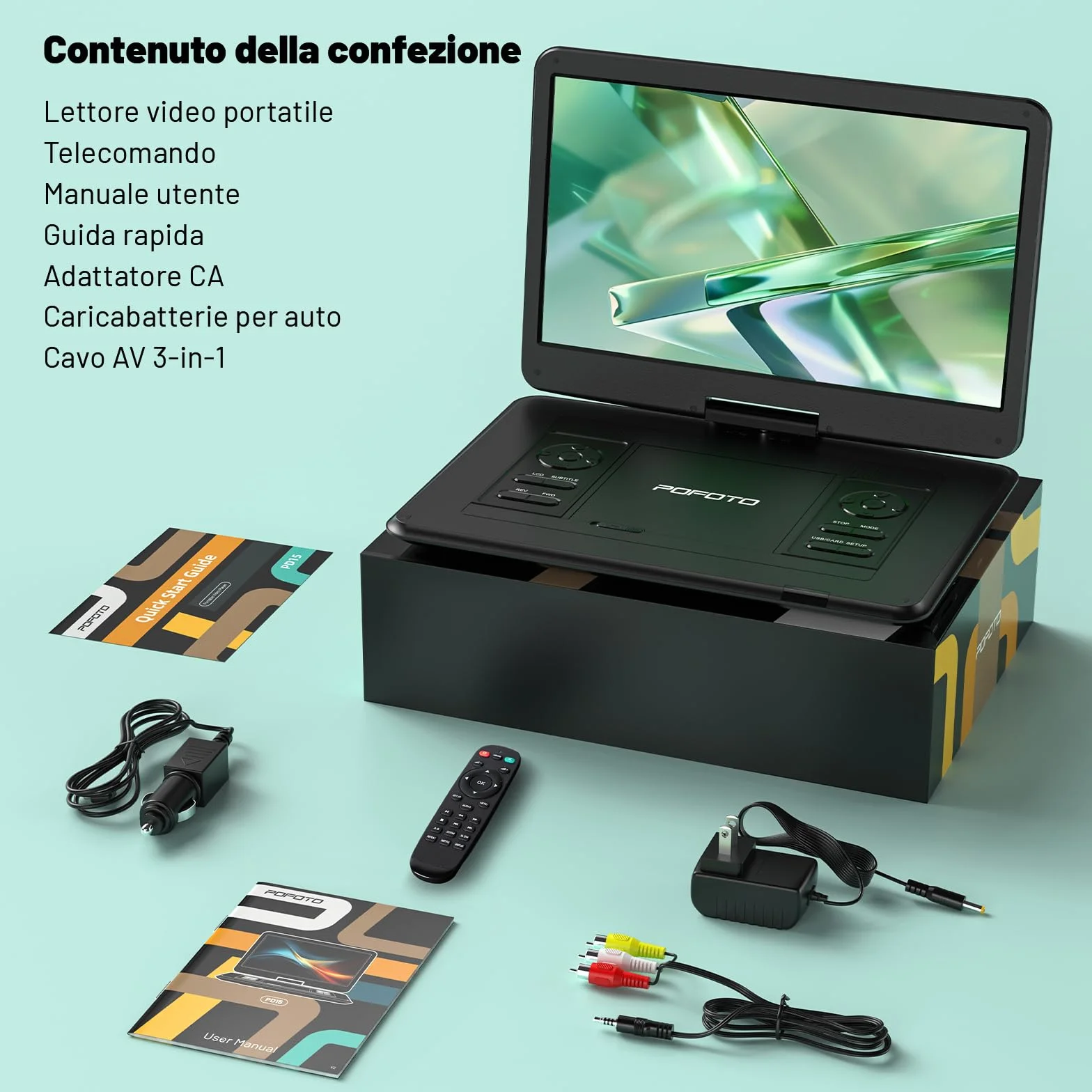 Lettore DVD Portatile 17,5" Schermo Rotante HD 15,6" Autonomia 6 Ore USB SD Sync TV Antishock Nero