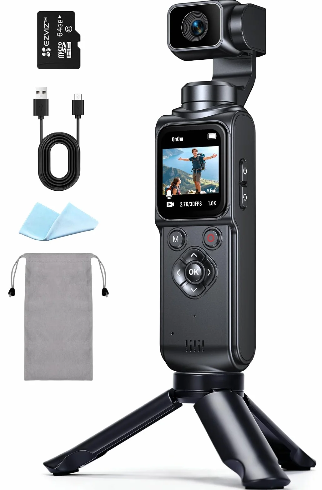 Vlog Camera, Action Cam 4K Stabilizzata con Gimbal – Touchscreen 64MP con Scheda 64GB, Stabilizzazione a 2 Assi, Tracciamento di Oggetti, Microfono Incluso, Fotocamera Digitale per Vlog