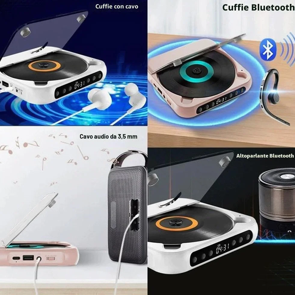 Lettore CD portatile con Bluetooth, piccoli lettori CD Hi-Fi con altoparlante, riproduttore compatto per auto/studio/viaggi, con cavo USB-C e auricolari (nero)