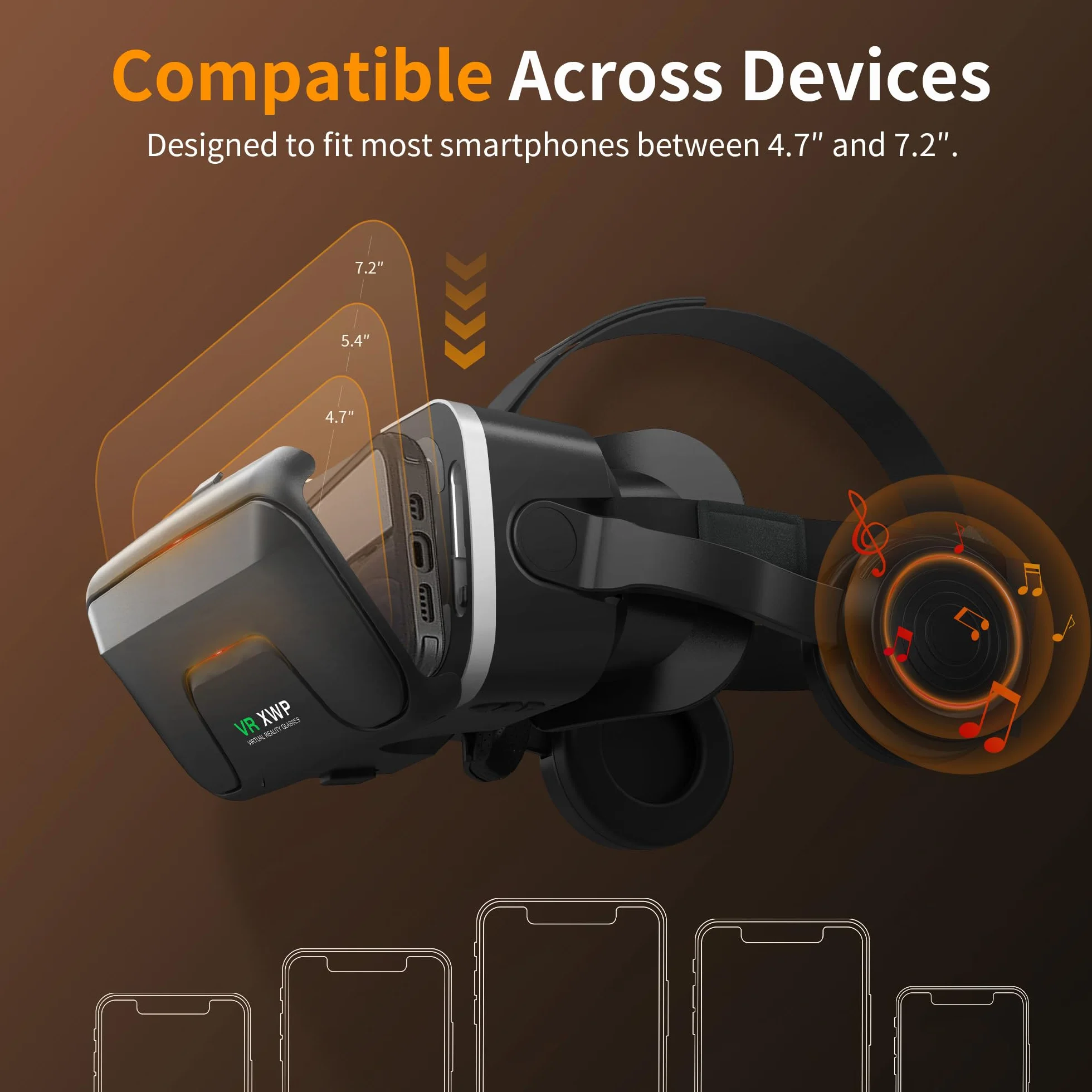 XWP Visore VR, Occhiali Per Realtà Virtuale 3D Con Cuffie, Compatibili Con iPhone & Android (4,7–7,2"), Con Lenti HD Anti Luce Blu, Per Giochi E Film, Regalo Di Compleanno Per Bambini E Famiglia