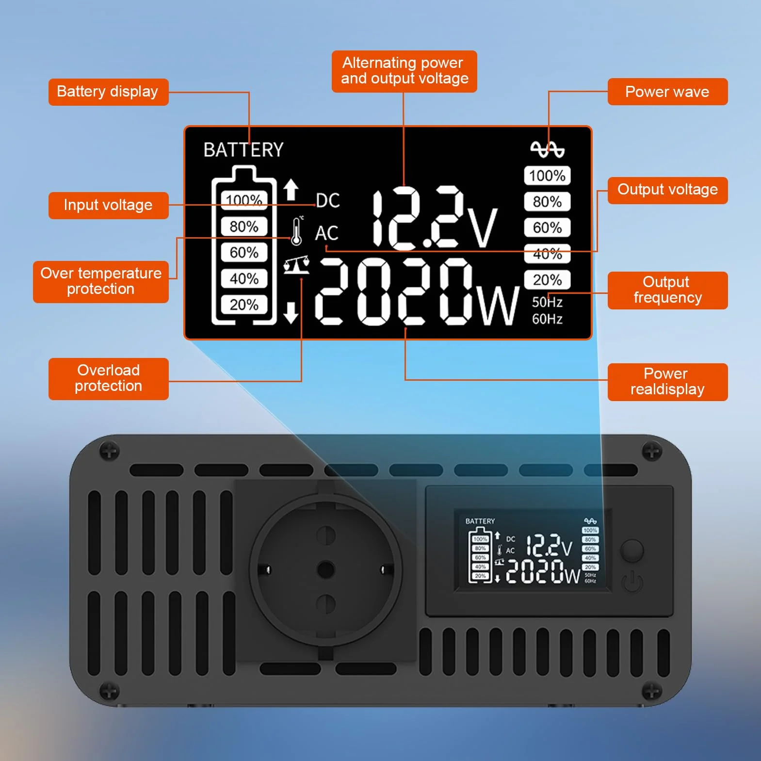 DATOUBOSS Inverter 12v 220v Onda Pura 2000W/4000W Inverter Convertitore con Telecomando 1 Prese EU e Display LCD per Auto,Camion, Camper