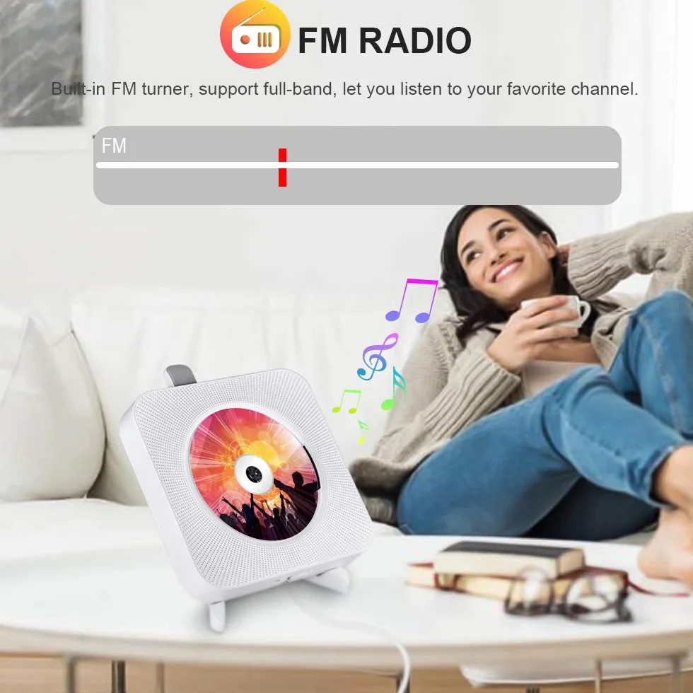 Lettore CD Portatile Qoosea Lettore Musicale Montabile a Parete Altoparlanti HiFi Bluetooth Integrati con Telecomando Radio FM Ingresso 3,5 mm AUX con Interruttore a Tirante