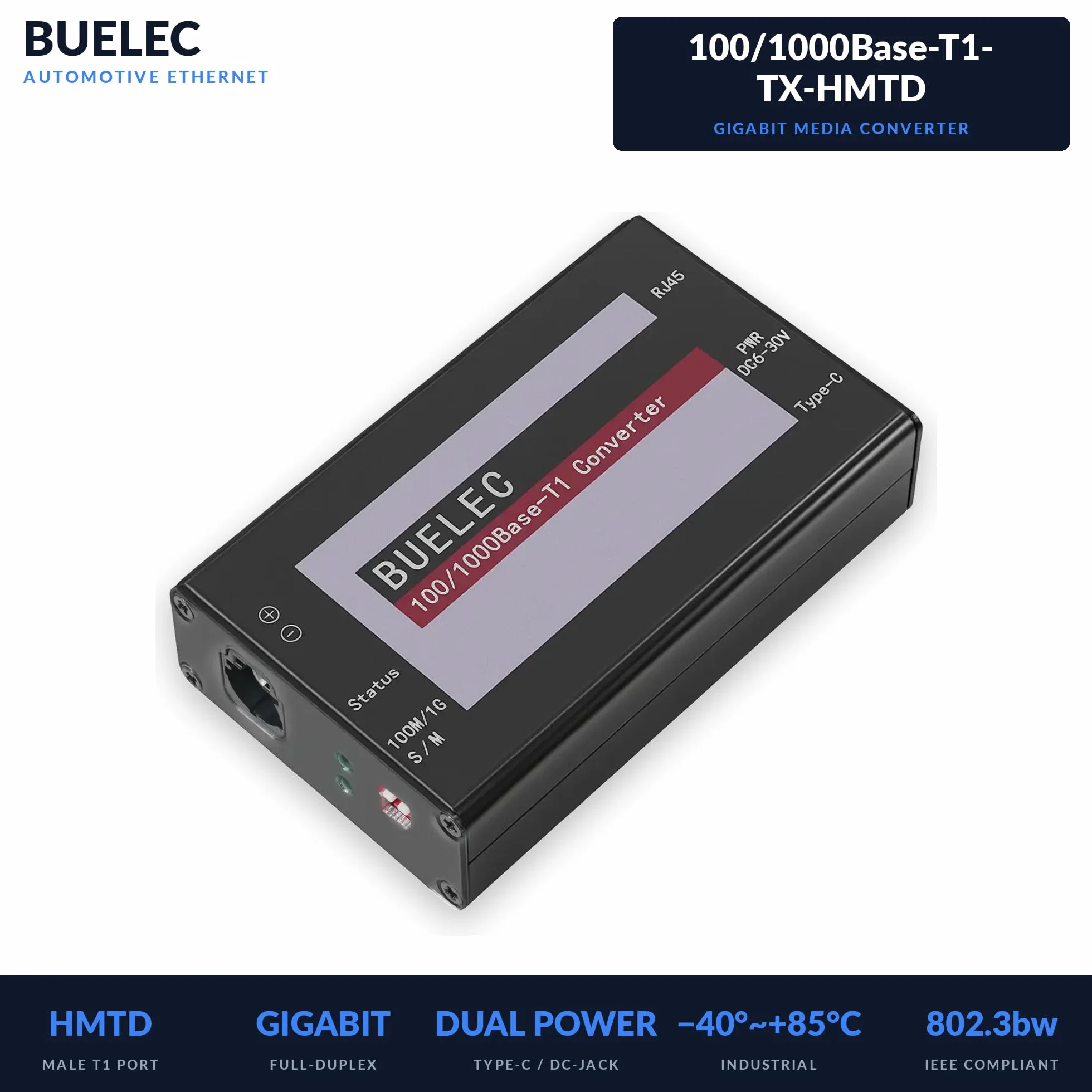 100/1000Base-T1-TX-HMDT Automotive Ethernet Media Converter - Adattatore 100/1000BASE-T1 to TX, Marvell 88Q2112 & Realtek RTL8211FI Phy, H-MDT Connector, Industrial Grade Type-C/DC Power
