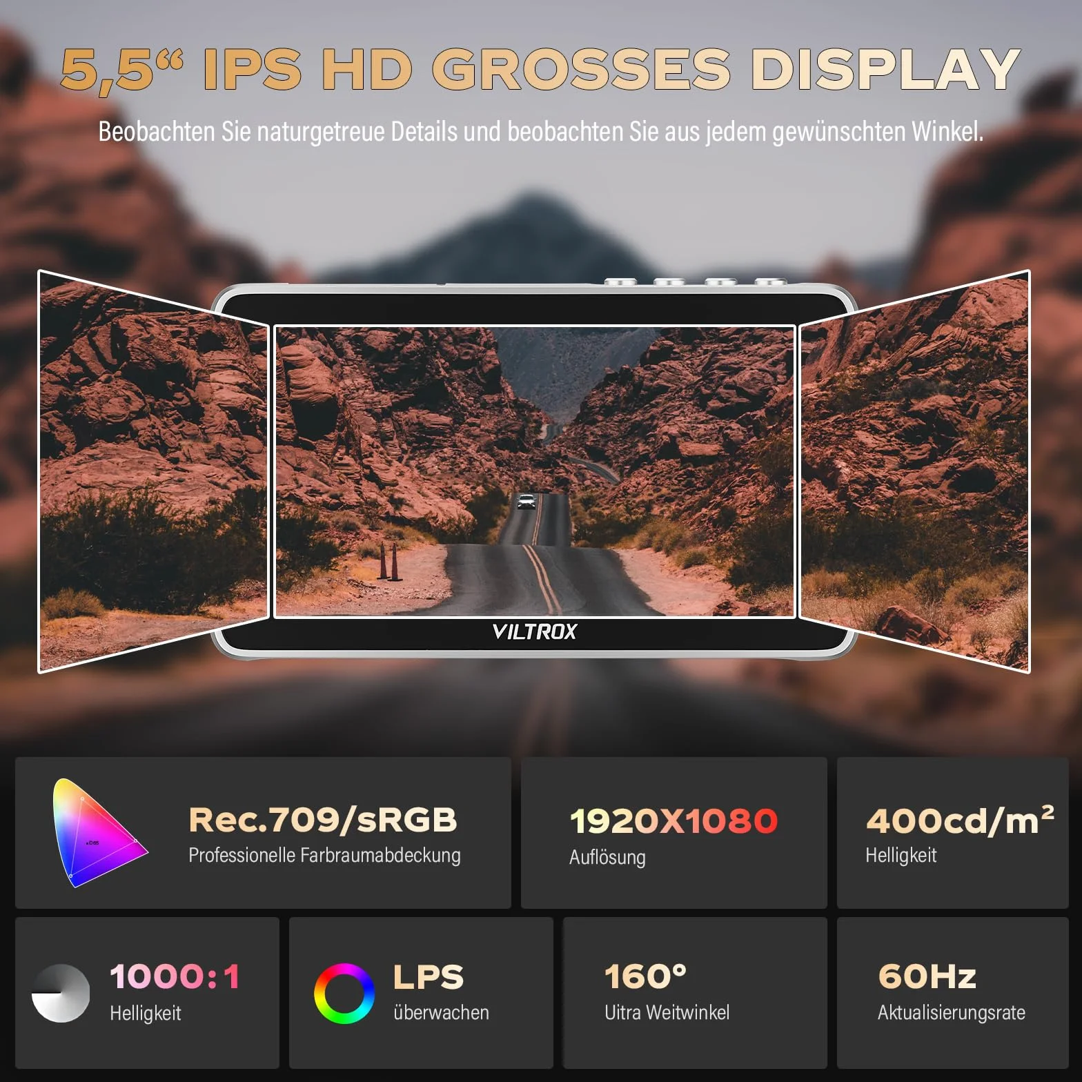 VILTROX DC-V1 5,5”Monitor Da Campo per Fotocamera DSLR Monitor Touchscreen 4K HDMI Video Monitor Esterno per Sony Canon Nikon 2000nits 3D LUT 1920×1080 IPS HD Video con Batteria Ricaricabile Hood