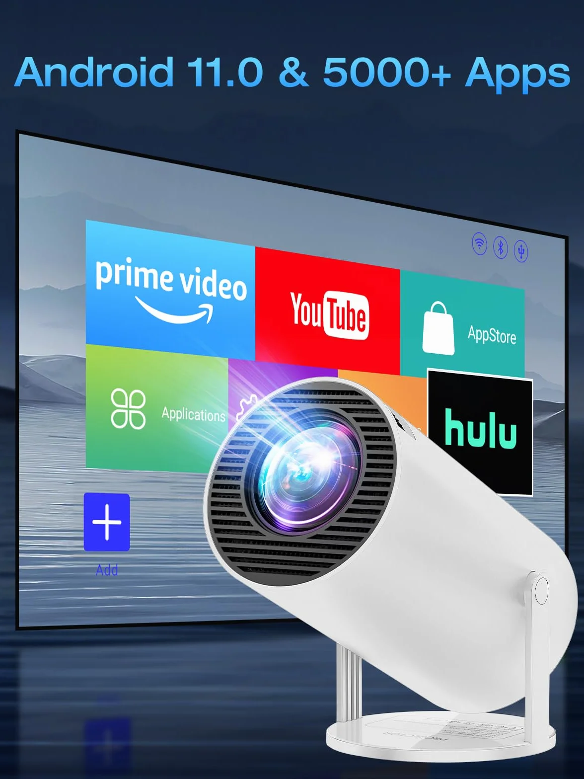 Proiettore Portatile 20000 Lumen 4K WiFi 6 Bluetooth 5.2 Auto Keystone 180° Rotazione Android 11.0 1080P