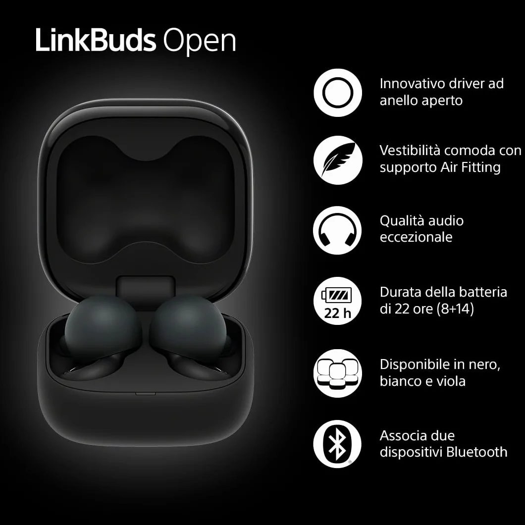 Sony LinkBuds Open Cuffie Bluetooth True Wireless Aperte IPX4 Multipoint Nero
