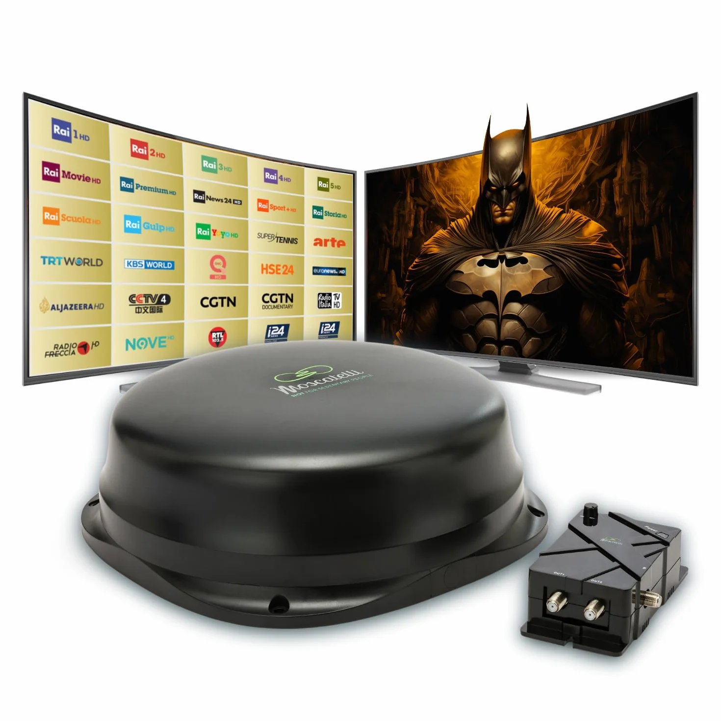 MOSCATELLI Antenna TV Camper Omnidirezionale DVB-T/T2 per Interno/Esterno – Antenna Camper 12/24/220V con Filtro LTE 4G – Kit Completo con Amplificatore Potente e Cavi Coassiali – Nero