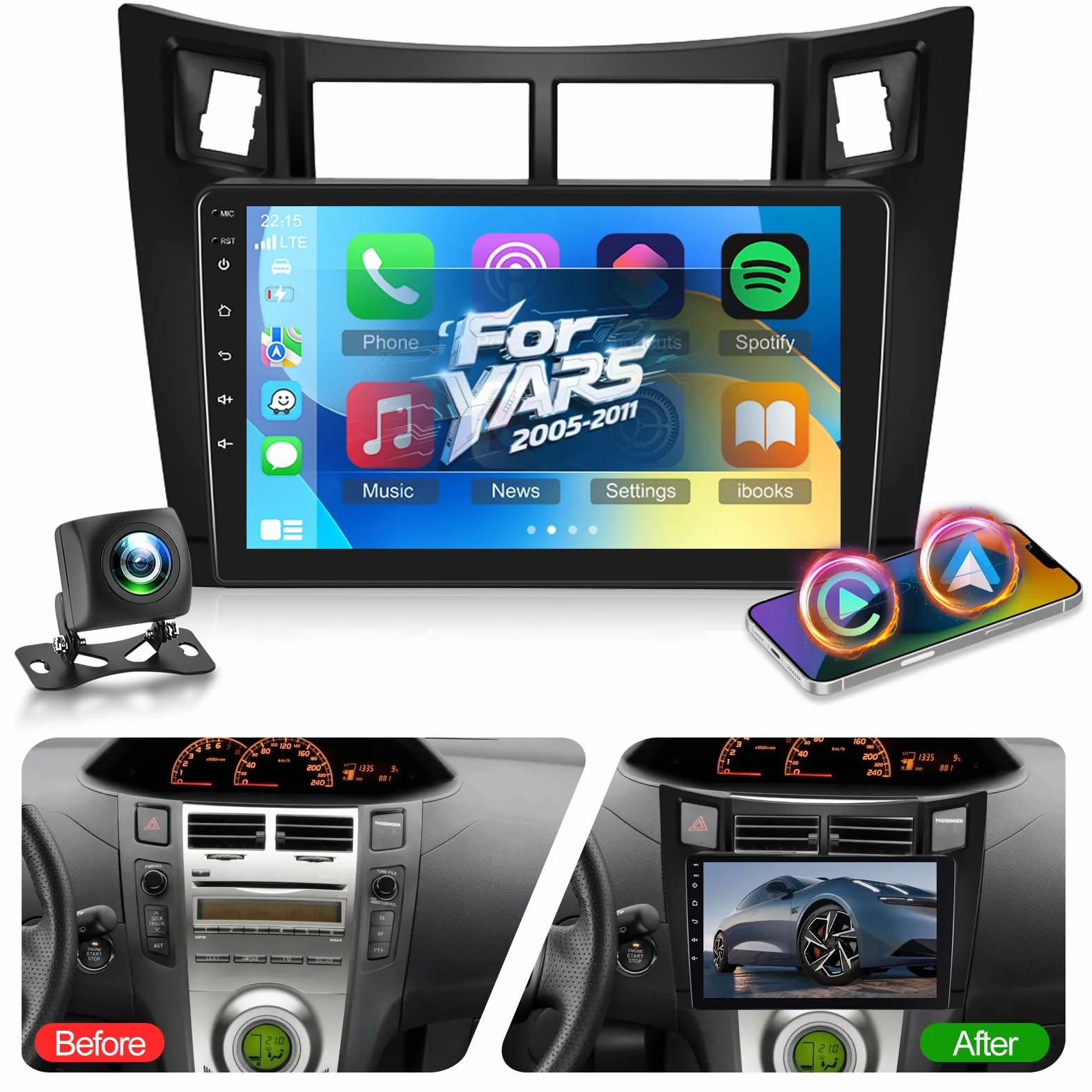 NHOPEEW 2G+64G Android Autoradio per Toyota Yaris 2005-2011 - Senza fili Carplay e Android Auto - 9 pollici Stereo con WiFi GPS FM RDS + Telecamera posteriore&Mic